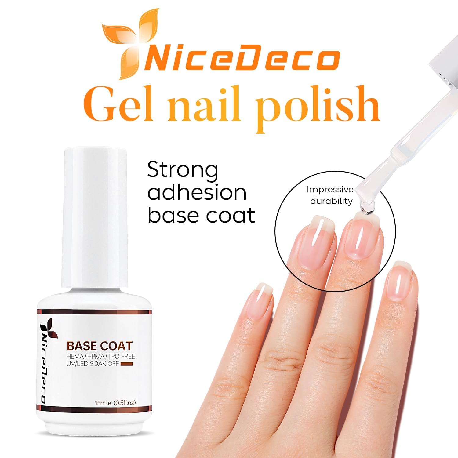 Nicedeco Gel Nail Polish Base Coat 15Ml Soak Off Hema Free Long-Lasting Diy Home And Nail Salon