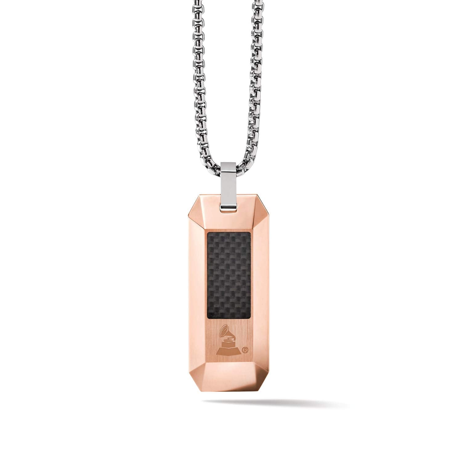 Bulova Mens Latin Grammy Round Box Link Chain Necklace with Rose Gold Dog Tag Black Carbon Fiber Inlay Pendant Style: J98N006