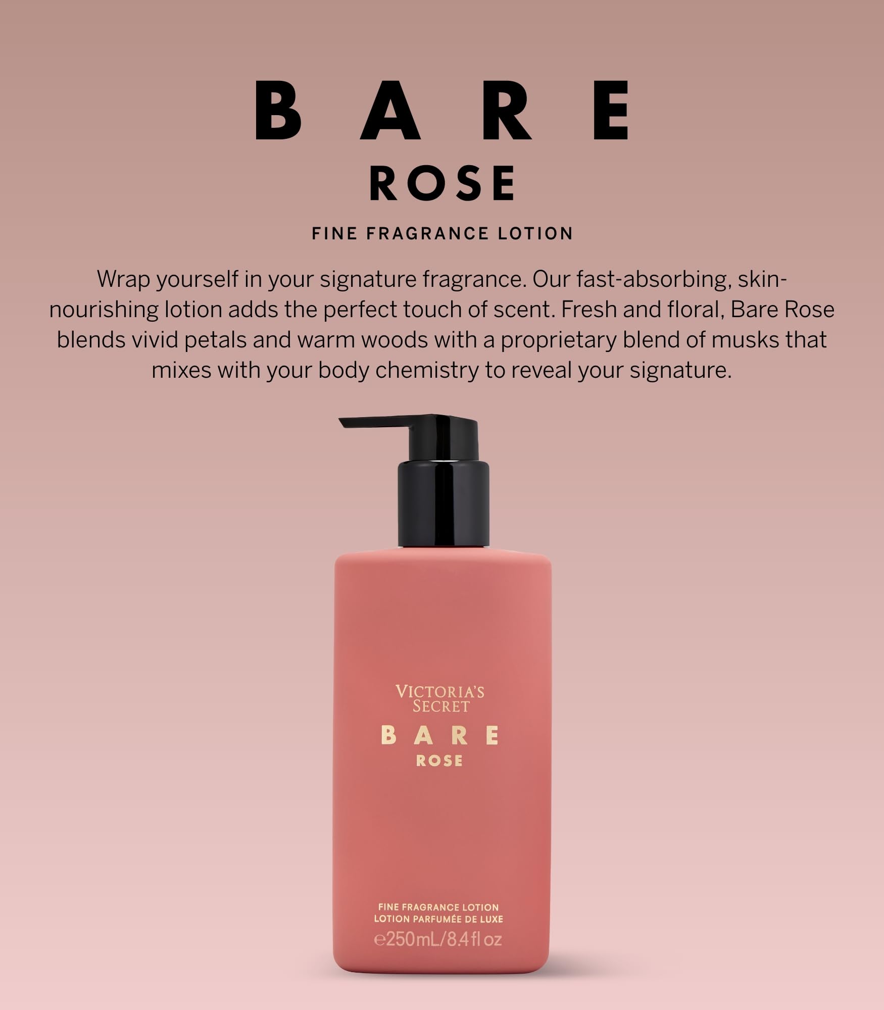 Victoria 'S Secret Bare Rose Fragrance Body Lotion, Notes Of Pear Skin, Rosa Centifolia & Sheer Woods (8.4 Oz)