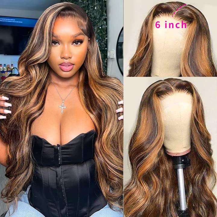 Aicrelery Highlight Ombre 13X6 Lace Front Wig Human Hair Pre Plucked 13X6 Hd Transparent 4/27 Honey Blonde Lace Frontal Wigs Wit