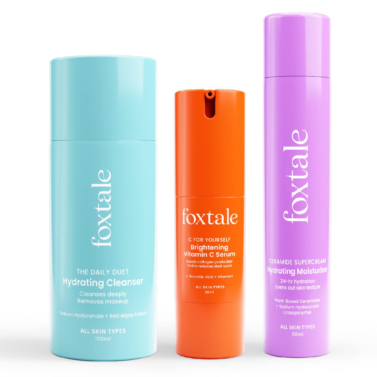 Foxtale Hydraglow Trio Skin Care Kit | Cleanser Face Wash 100Ml + Ceramide Moisturizer 50Ml + Vitamin C Face Serum 30Ml | Suitab