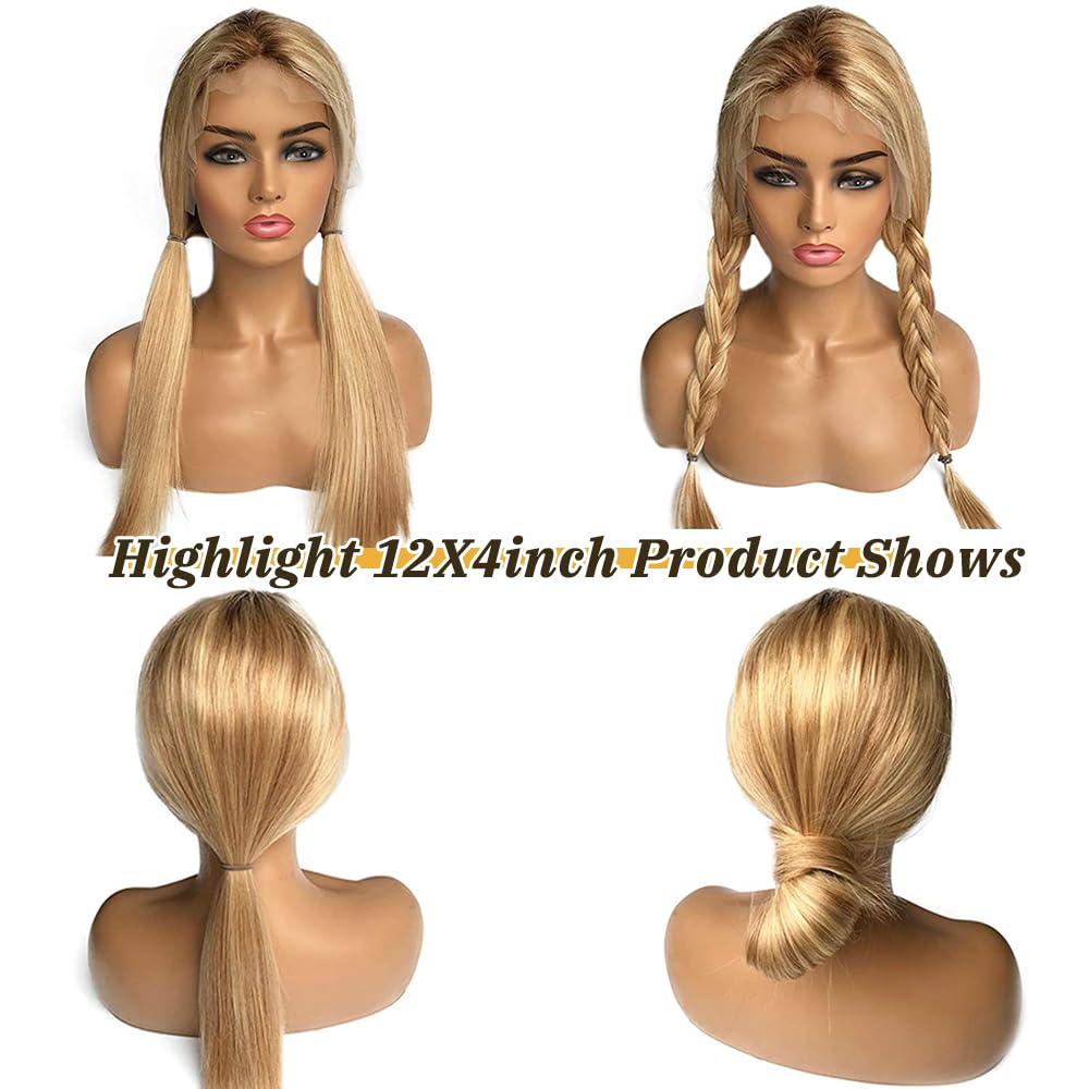 Straight Highlight Lace Front Wigs Human Hair 13  4 Lace Wigs For Women,Ombre Medium Brown With Golden Blonde Highlights Silky S