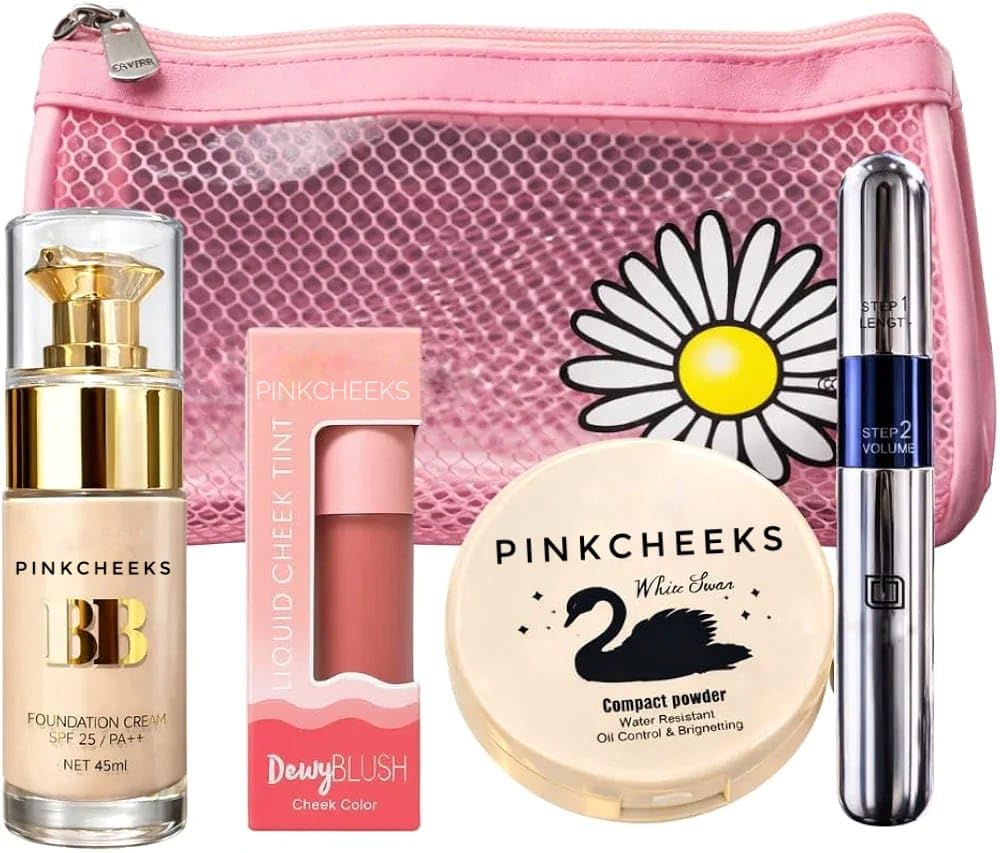 Glow Makeup Combo Kit For Women | Foundation, Dewy Liquid Blush, Compact Powder & Mascara With Travel Makeup Bag