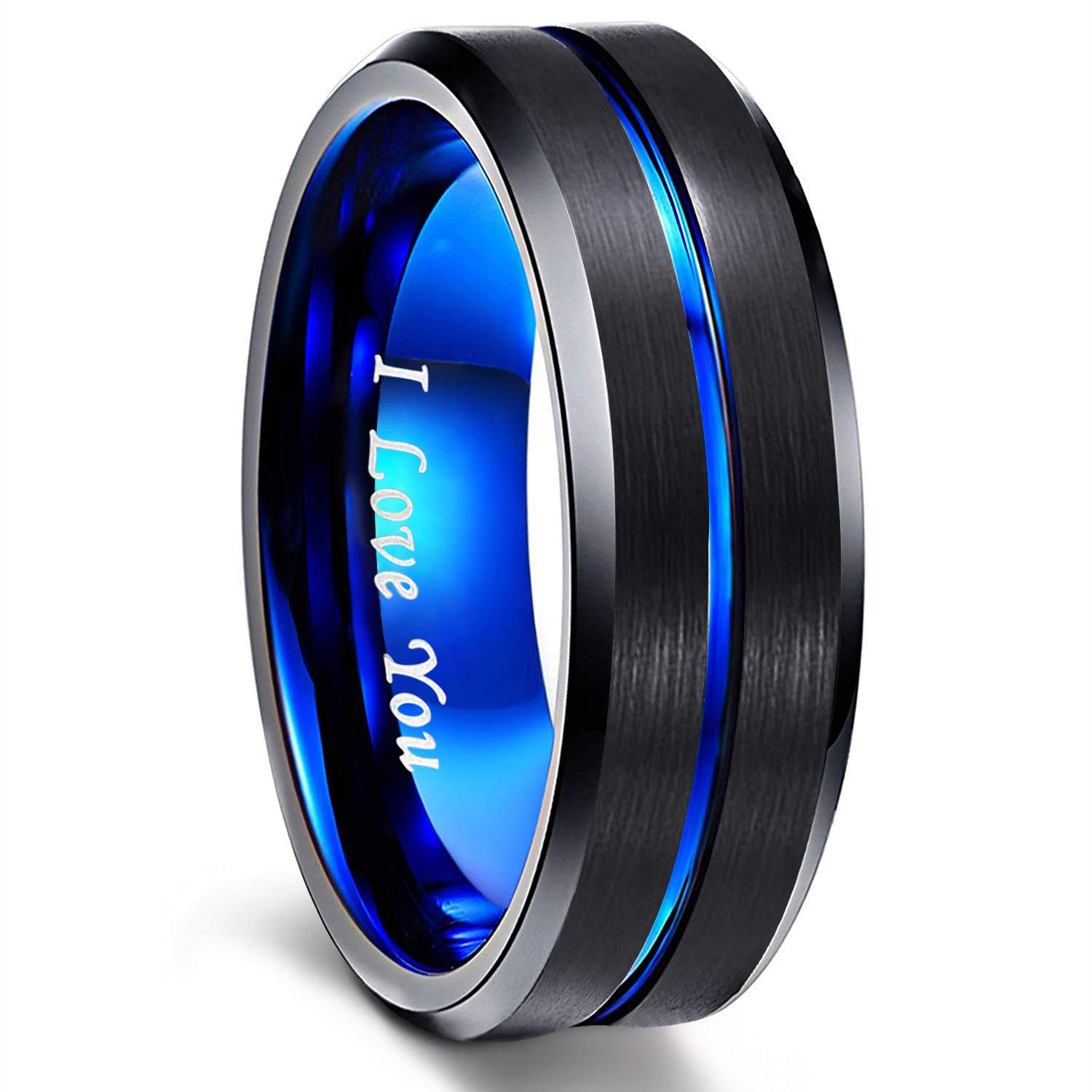 Greenpod 8mm Mens Black Tungsten Ring with Thin Blue Groove Beveled Edge Engraved I Love You Comfort Fit Size 11.5
