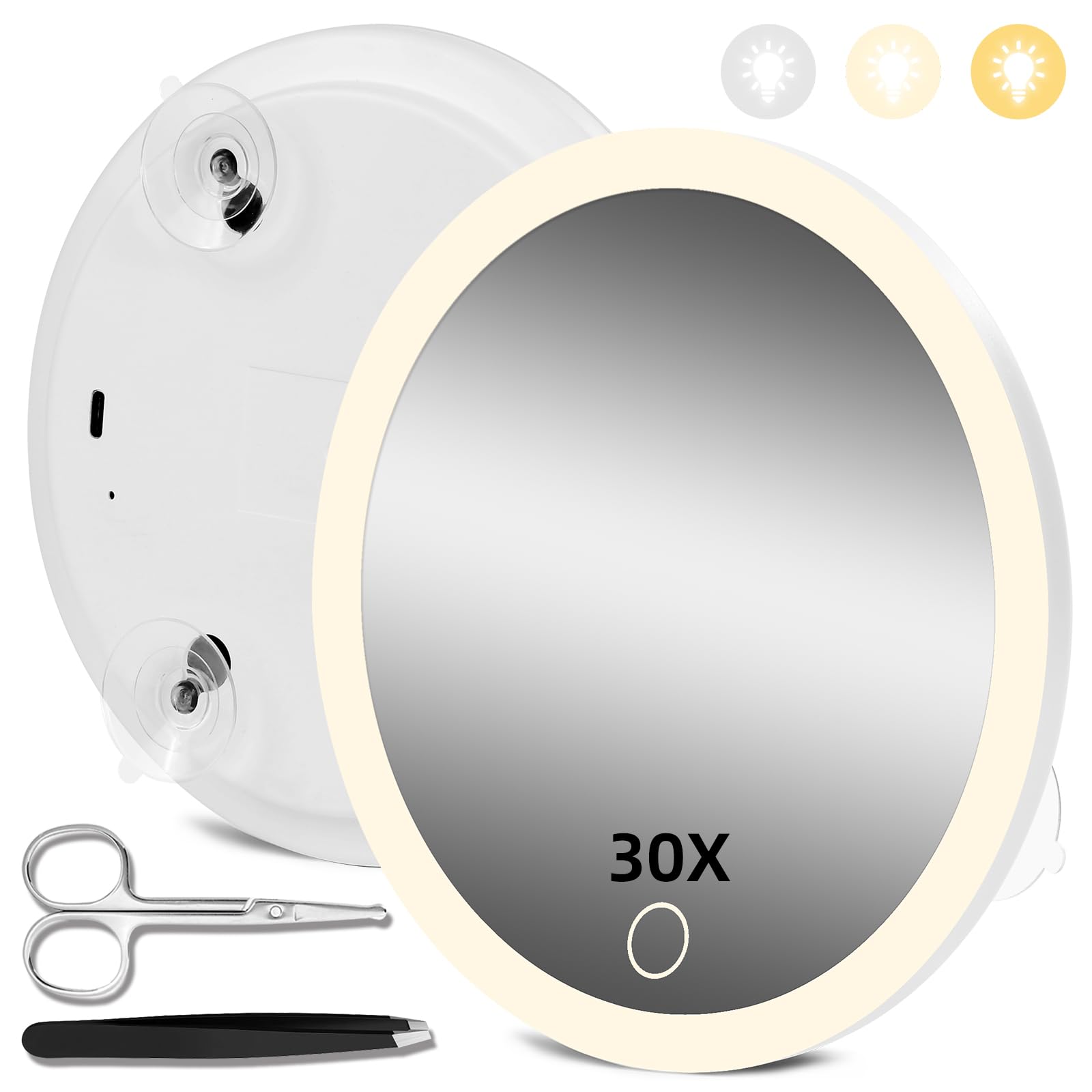 30X Magnifying Mirror with Lights, 6'' Travel Magnifying Mirror, Magnified Mirror with 3 Color Lighting Makeup Mirror with 30X M