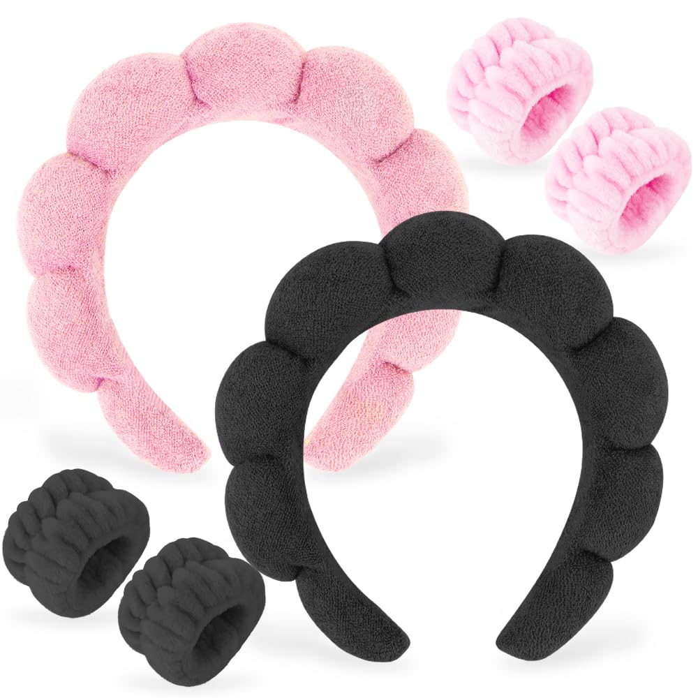 AHONEY 2 Set Spa Headbands for Washing Face and Wristband Set, Skin Care Headband Sponge Facial Skincare Headbands Terry Cloth P