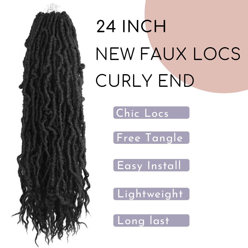 BOHOBABE 24 Inch New Faux Locs With Curly End 6 Packs Soft Locs Crochet Hair 72 Strands Long Black Natural Crochet Braids (6Pack