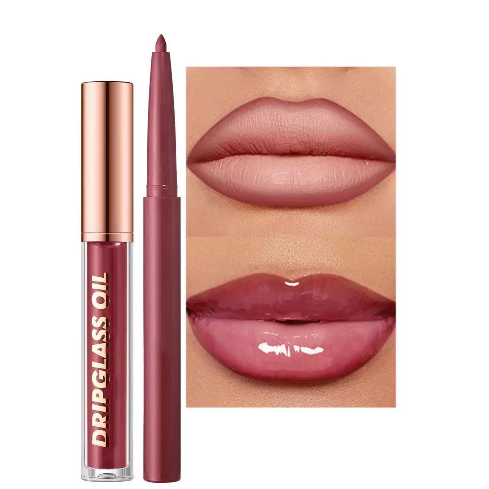 Hyesamyo Retro Style Lip Set  Matte Lip Liner + Drip Glass Oil Lip Gloss, Long Lasting Waterproof, Easy Application for Natural