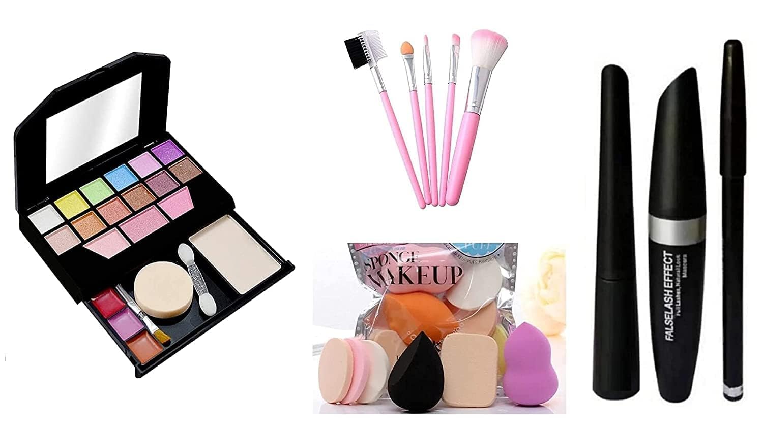 Protya Mini 5024 Makeup Kit With 5 Pink Makeup Brushes Set, 6In1 Makeup Sponges, 3In1 Eyeliner, Mascara, Eyebrow Pencil  (Pack 