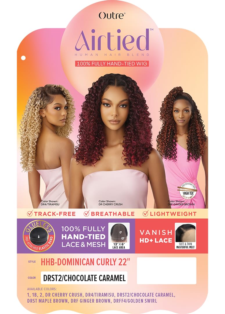 Outre Airtied 100% Fully Hand-Tied Wig - Human Hair Blend - Dominican Curly 22'' (Drff4/Golden Swirl)