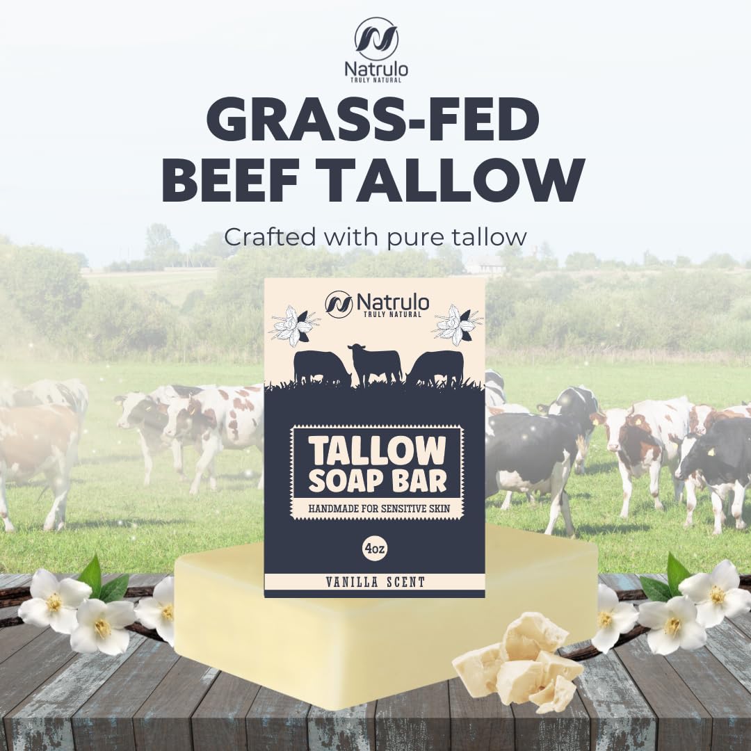 Beef Tallow Soap Bar - All Natural Grass Fed Tallow Soap Vanilla - Moisturizing Face & Body Wash Great For Eczema, Dry, Itchy, S