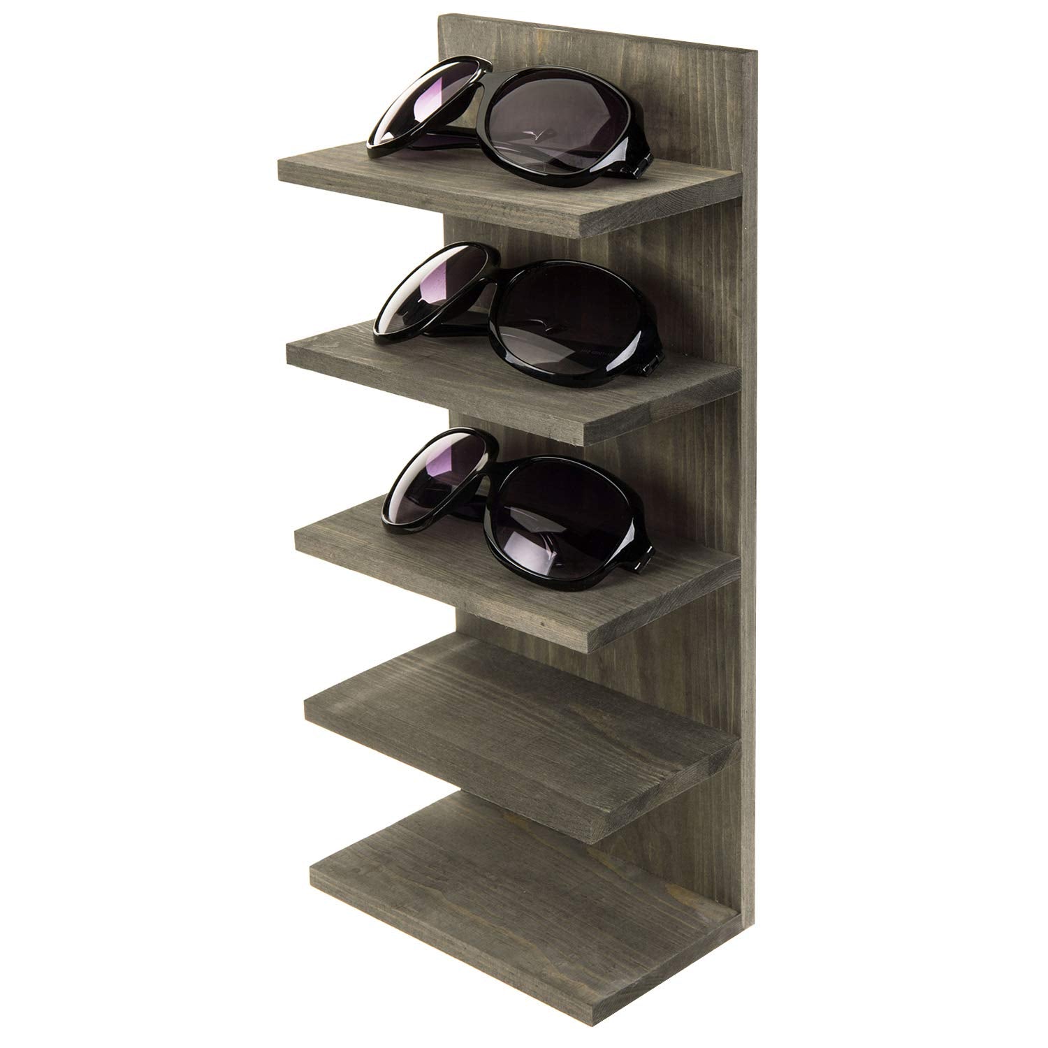 MyGift 5 Tier Vintage Gray Solid Wood Sunglasses Holder Rack, Wall Mounted Eye Glasses Shelf or Tabletop Display Stand, Retail E
