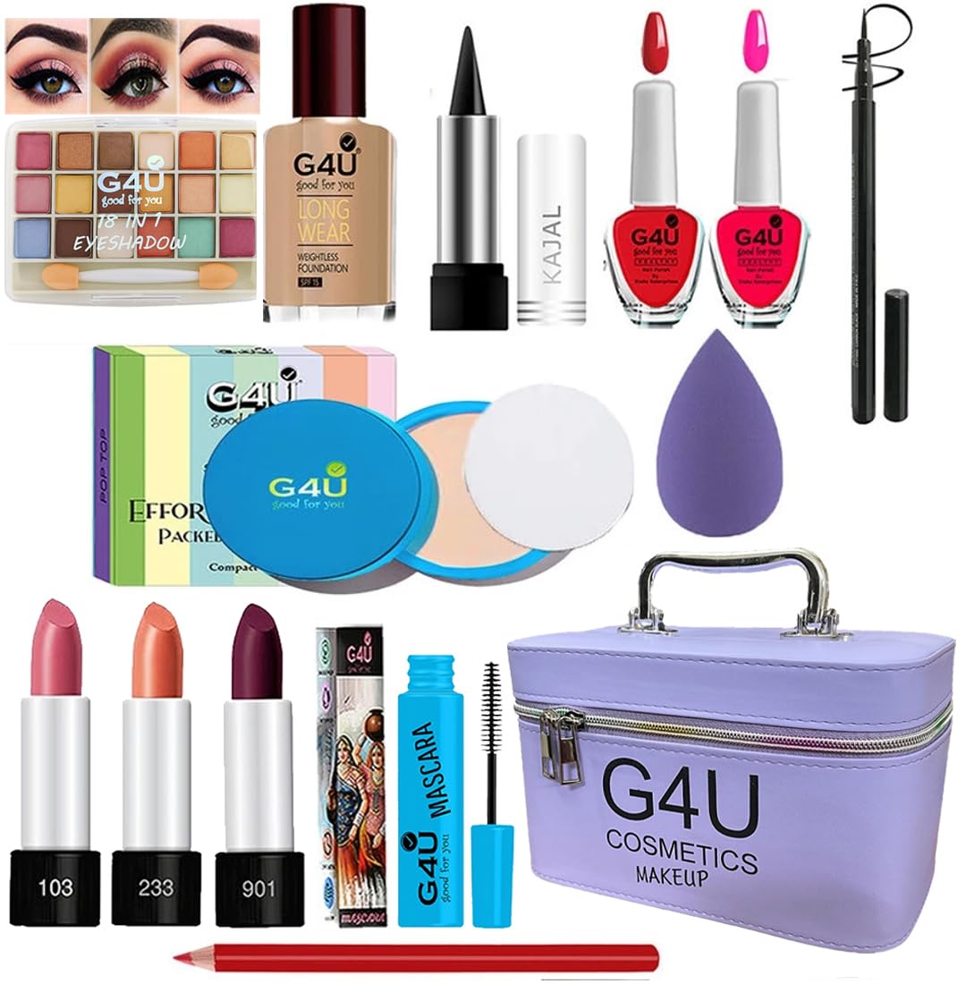 G4U All In One Makeup Kit Gift Set, Eyeshadow,Eyeliner Pen,Foundation,3 Lipsticks,Kajal,Lip Liner,Puff,Mascara, 2 Nail Polish,Co