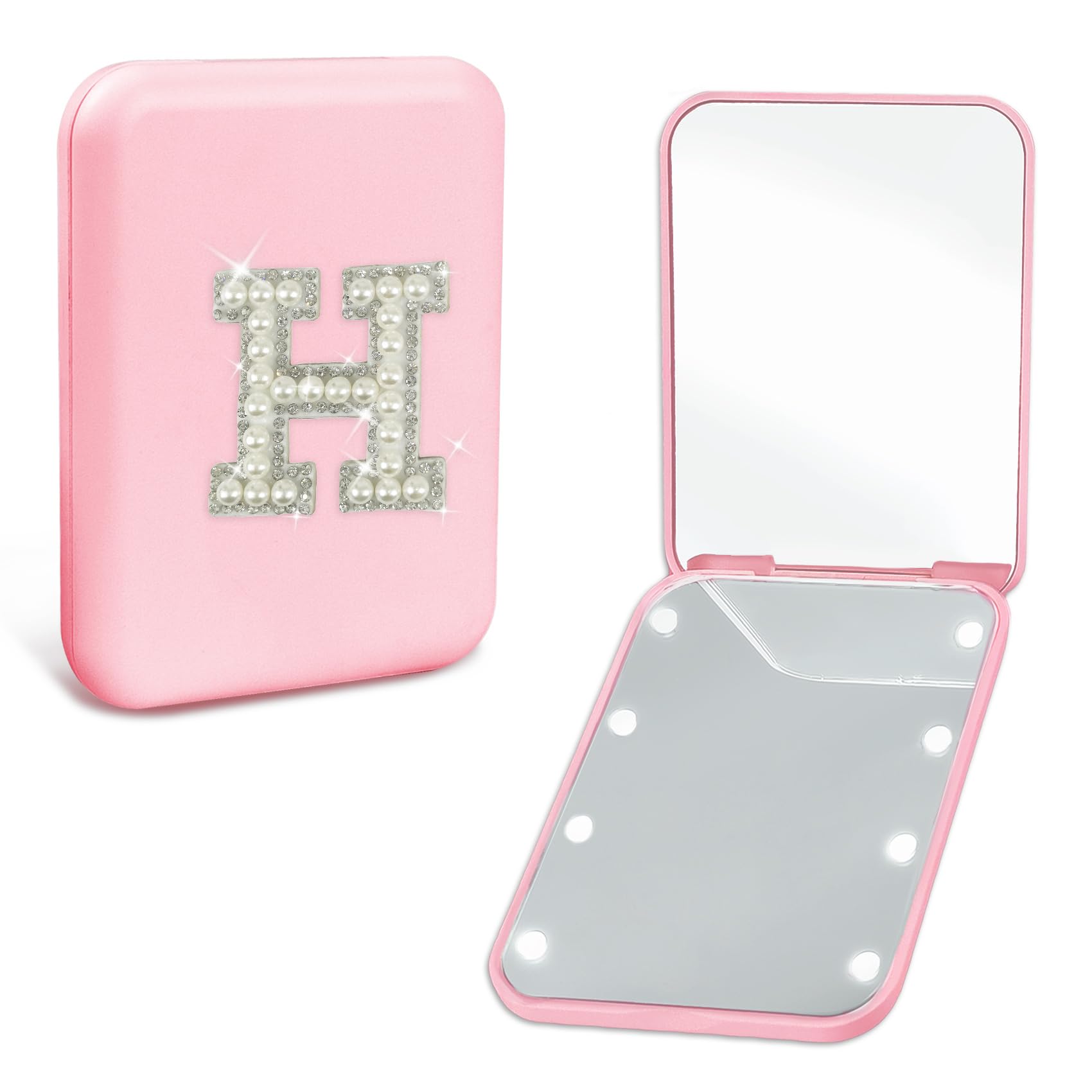 Aganmi Personalized Led Travel Compact Mirror For Purses, Pearl Initial Letter 1X/2X Magnification Small Makeup Mirror With Ligh