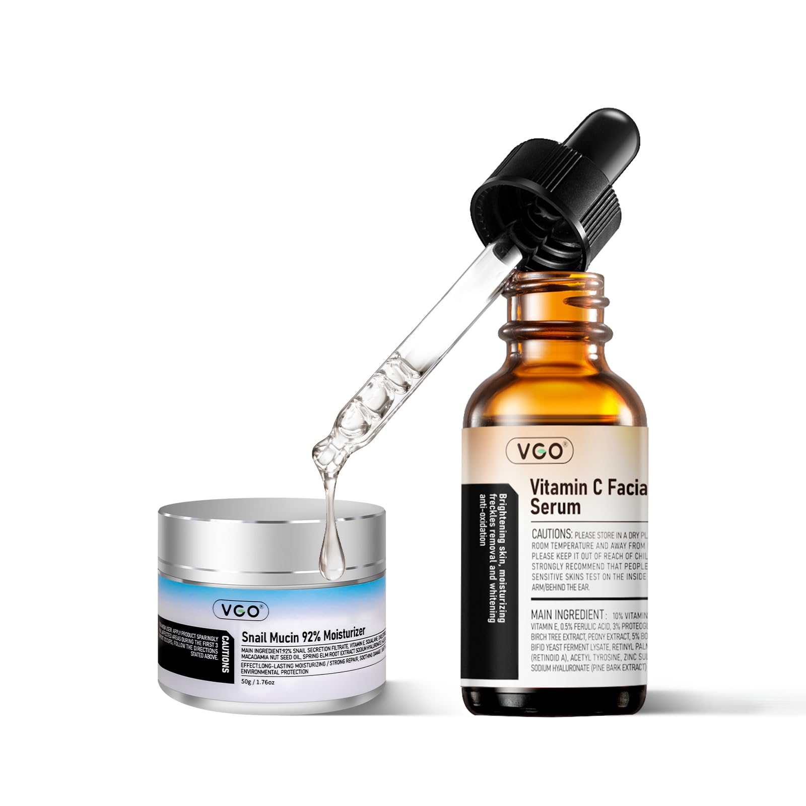 VGO Skin Care Set, with Snail Mucin 92% Moisturizer 1.76 Oz & Vitamin C Face Serum 1.01 Oz, Daily Hydrating & Firming Skincare R