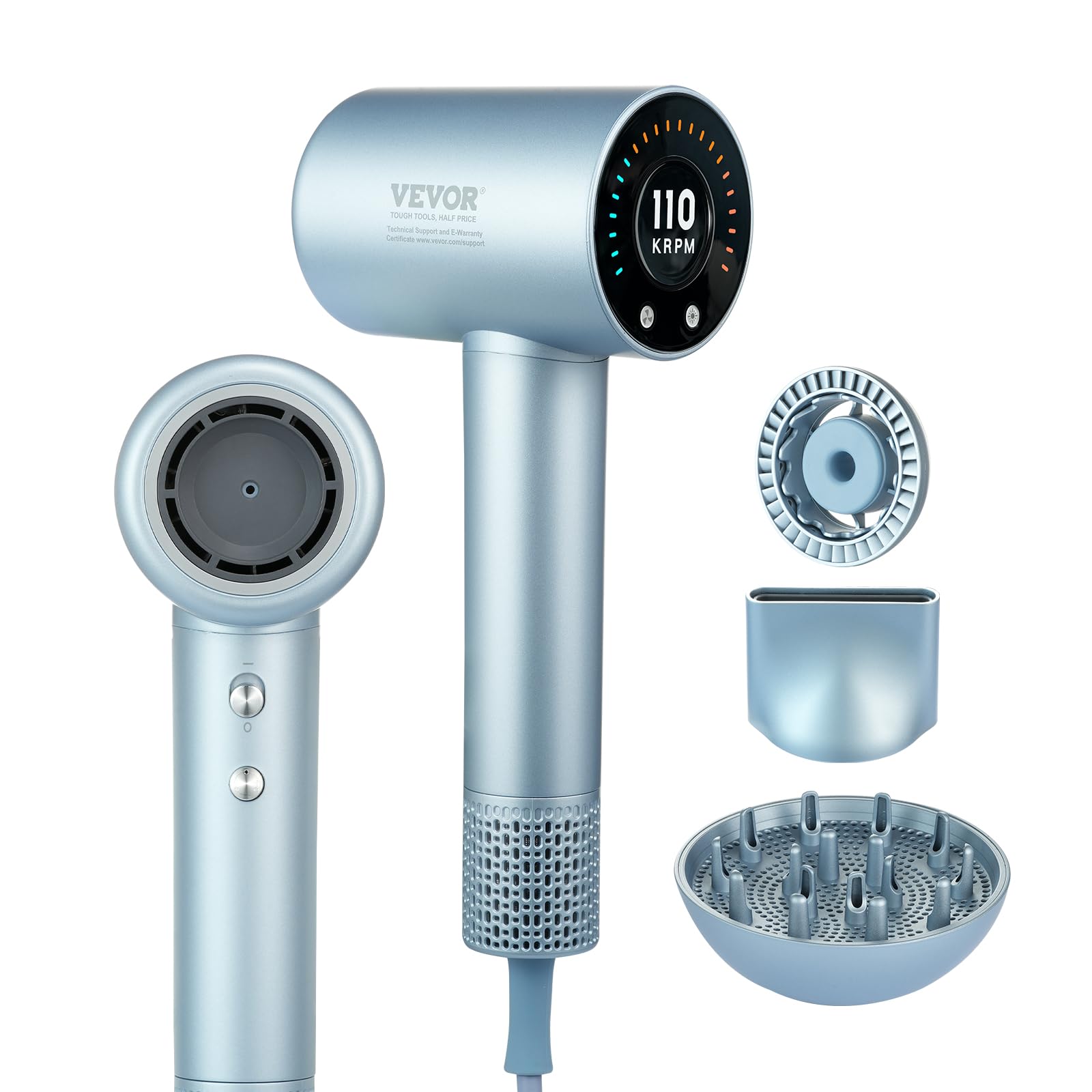 VEVOR High-Speed Hair Dryer with 105,000RPM Brushless Motor, 200 Million Negative Ions Hair Blow Dryer, 4 Temps & 3 Speeds, LCD 