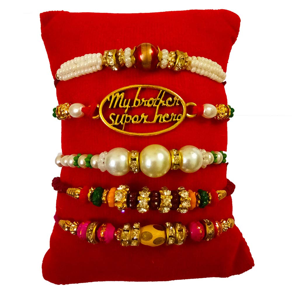 Avanti Creations Handmade Beads And My Brother Super Hero Rakhi For Brother With Roli Chawal (Combo Of 5 Rakhi)