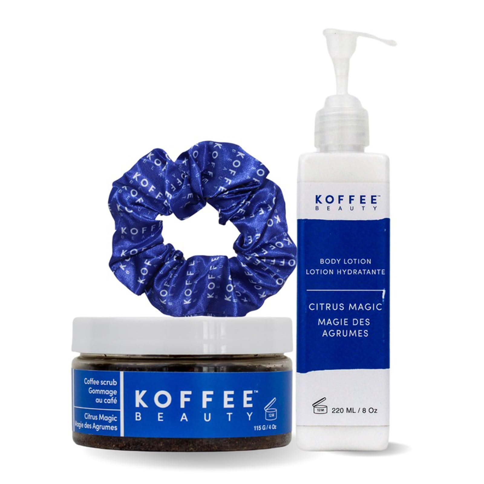 Citrus Magic Set By Koffee Beauty For Unisex - 3 Pc 4Oz Citrus Magic Coffee Scrub, 8Oz Citrus Magic Body Lotion, Silk Scrunchie