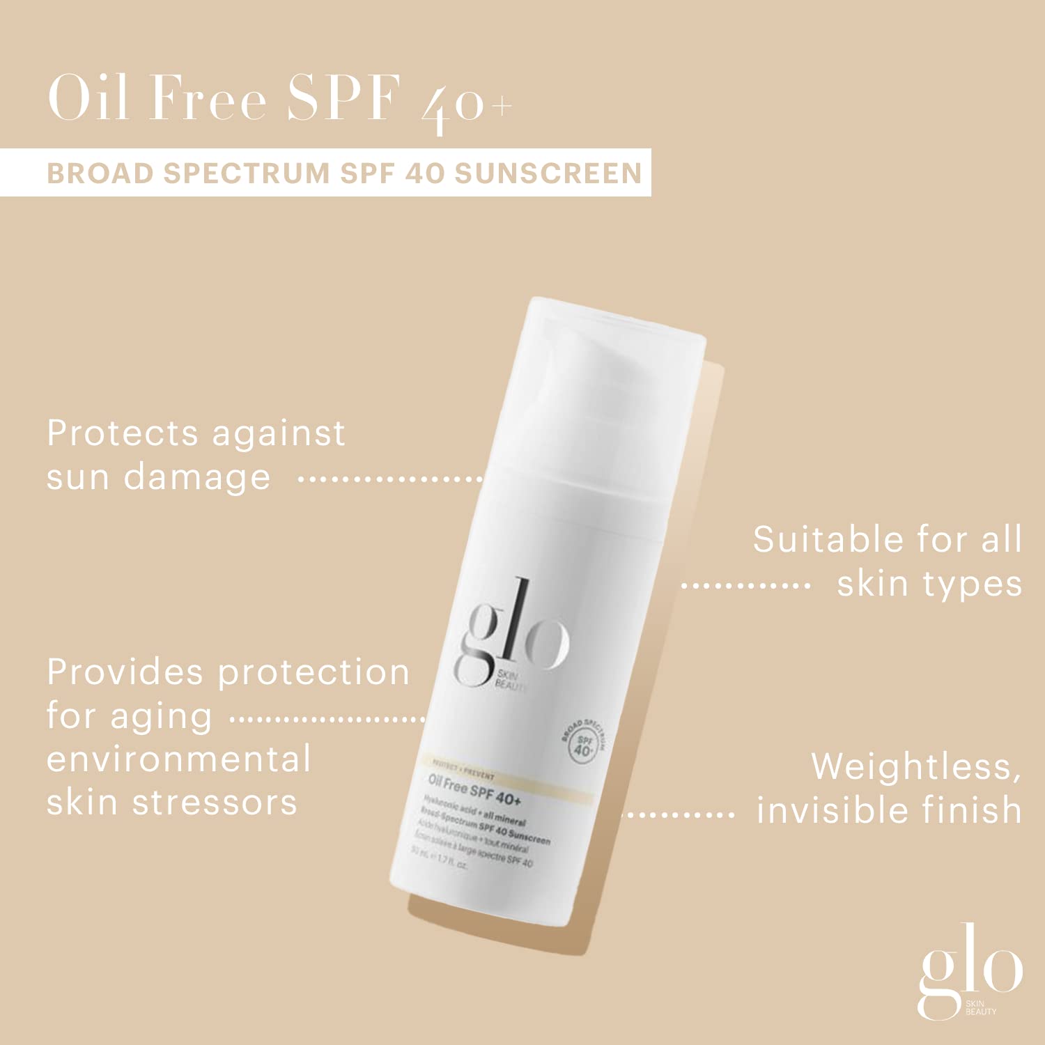 Glo Skin Beauty Oil Free Spf 40+ Hyaluronic Acid Infused All Mineral Sunscreen - Protect Against Sun Damage & Aging Environmenta