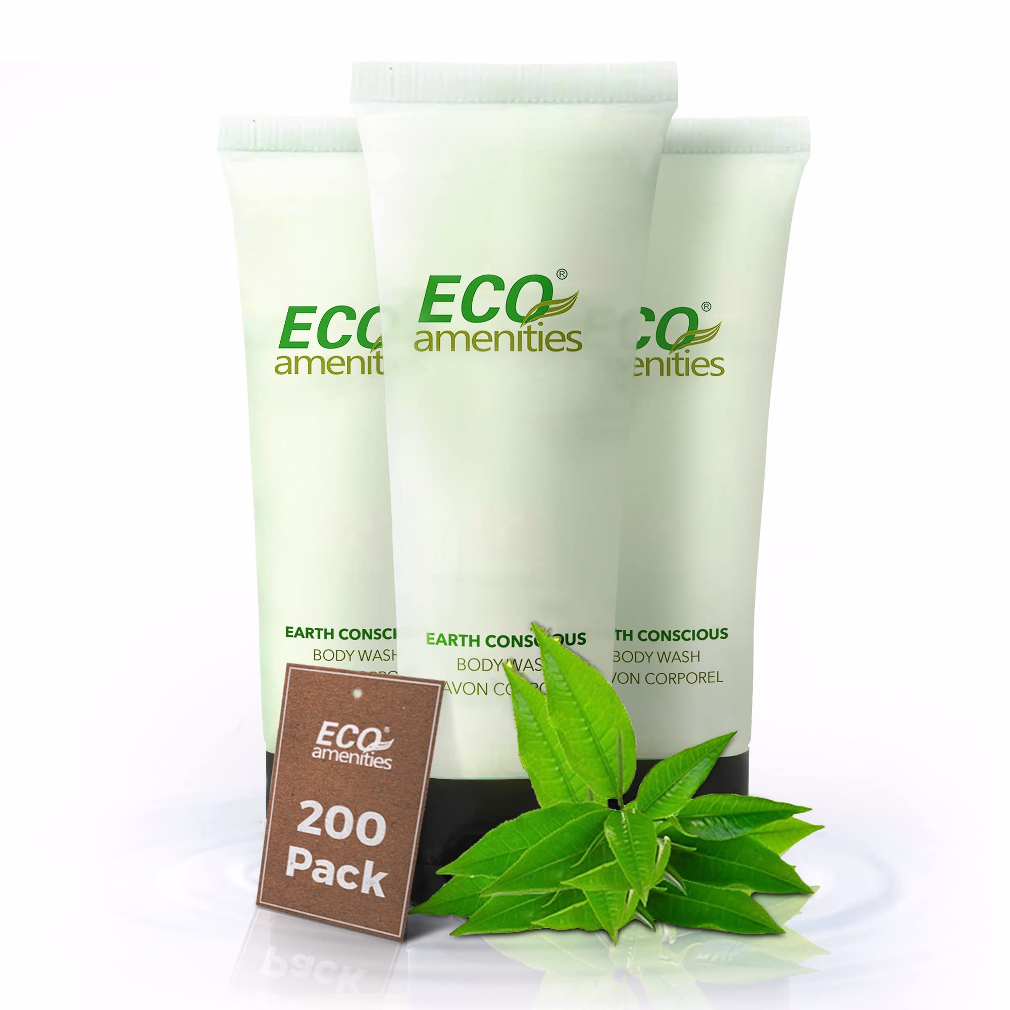 ECO Amenities Travel Size 1oz Body Wash (BULK 200 Pack) - 30ml Bulk Hotel Body Wash Supplies for Guests - Green Tea Scent Eco bo