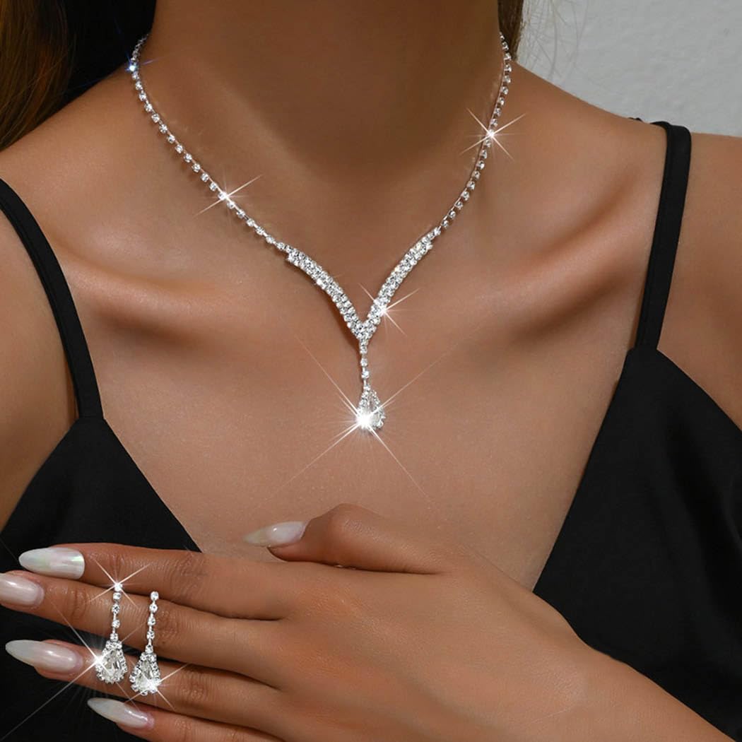 Unicra Bridal Wedding Jewelry Set Silver Rhinestone Necklace Earrings Sets Formal Costume Jewelry for Women and Brides (A-Silver