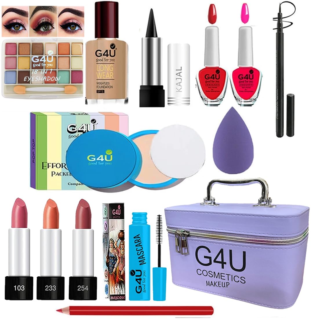 G4U All In One Makeup Kit Gift Set,Eyeshadow,Eyeliner Pen,Foundation,3 Lipsticks,Kajal,Lip Liner,Puff,Mascara,2Nail Polish,Compa
