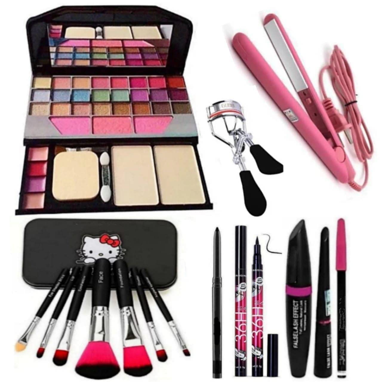 Ahdam Tya 6155 Multicolor Makeup Kit And 7 Black Makeup Brushes,1 36H Eyeliner, 3In1 Eyeliner,Mascara,Eyebrow Pencil, Kajal,1 Ey
