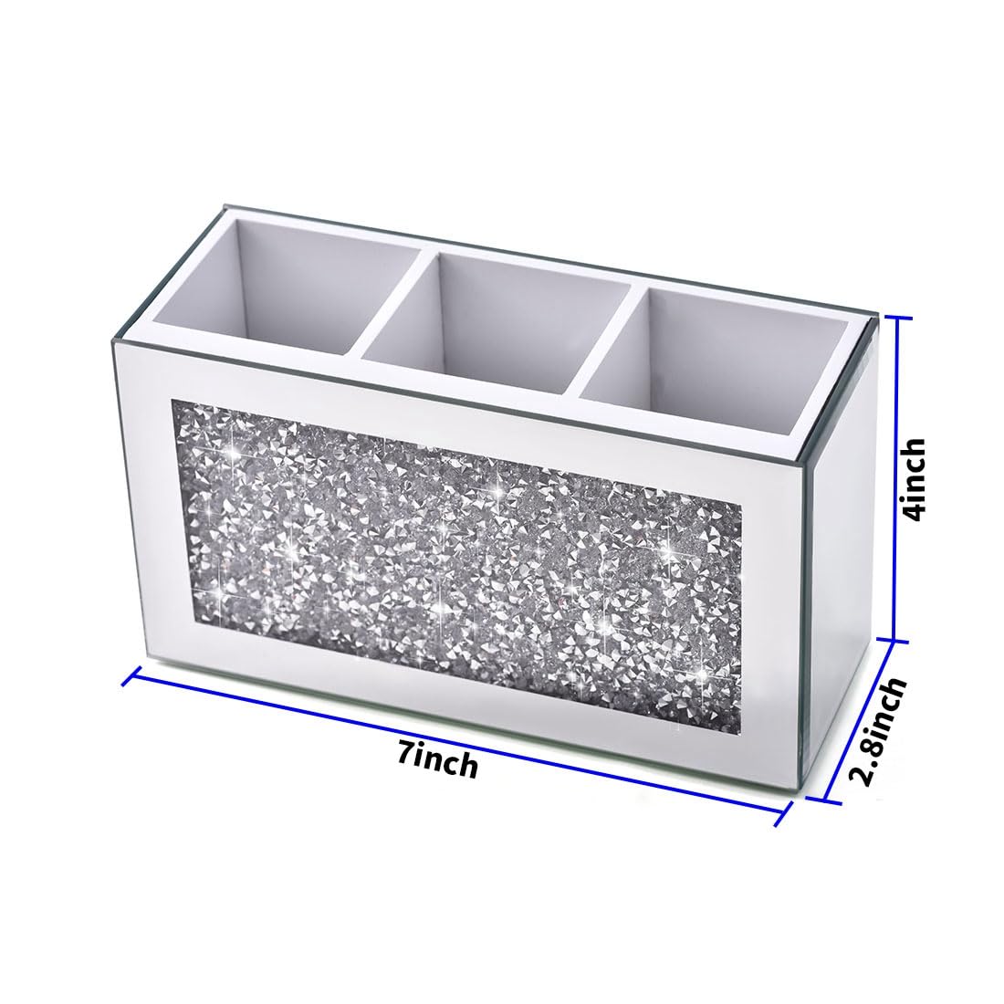 Amezey Mirrored Makeup Brush Holder Organizer, 3 Compartments Cosmetic Brush Storage Holders, Crushed Diamond Remote control hol