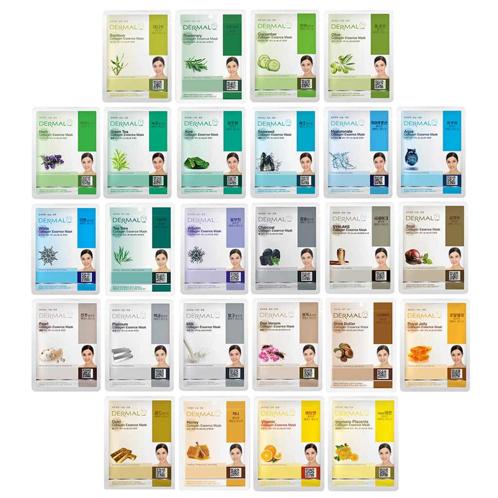 Dermal 26 Combo Pack Collagen Essence Korean Face Mask (Green & Yellow) - Hydrating & Soothing Facial Mask With Panthenol - Hypo