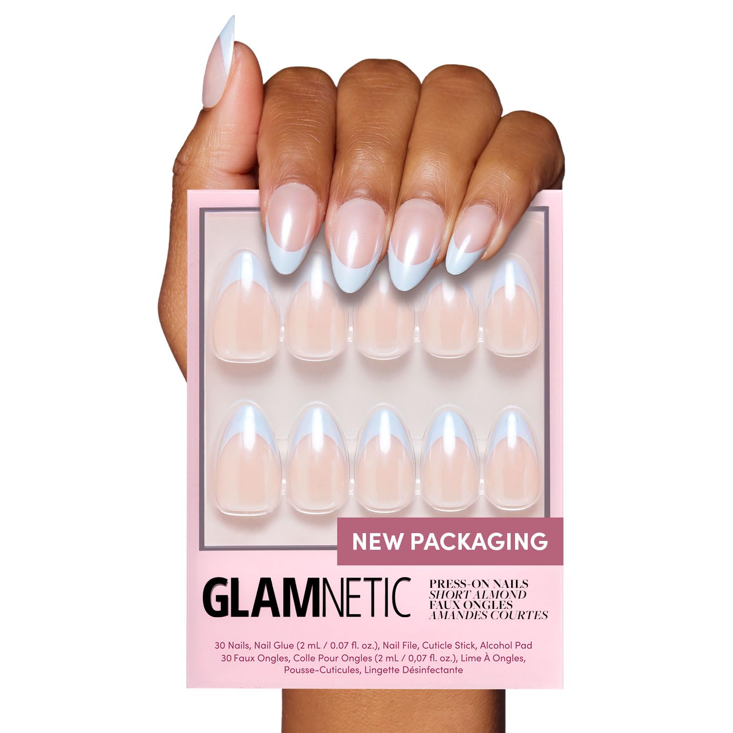 Glamnetic Press On Nails - Blueberry Icing | Short Almond Baby Blue French Tip Nails with a Glaze Finish | 15 Sizes - 30 Nail Ki