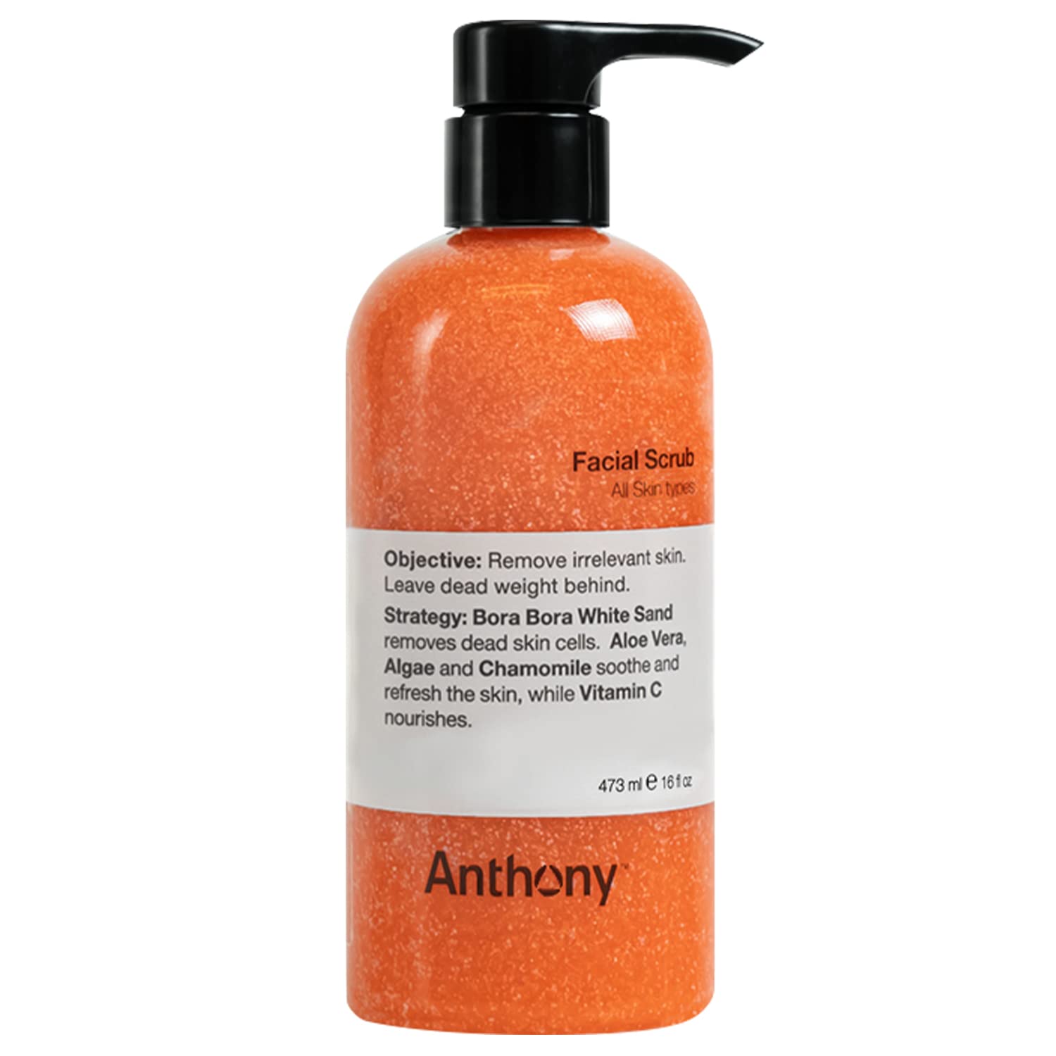 Anthony Facial Scrub, 16 Fl Oz, Contains Aloe Vera, Sand, Algae, Chamomile, Vitamin C, Soothes, Protects, Refreshes and Removes 