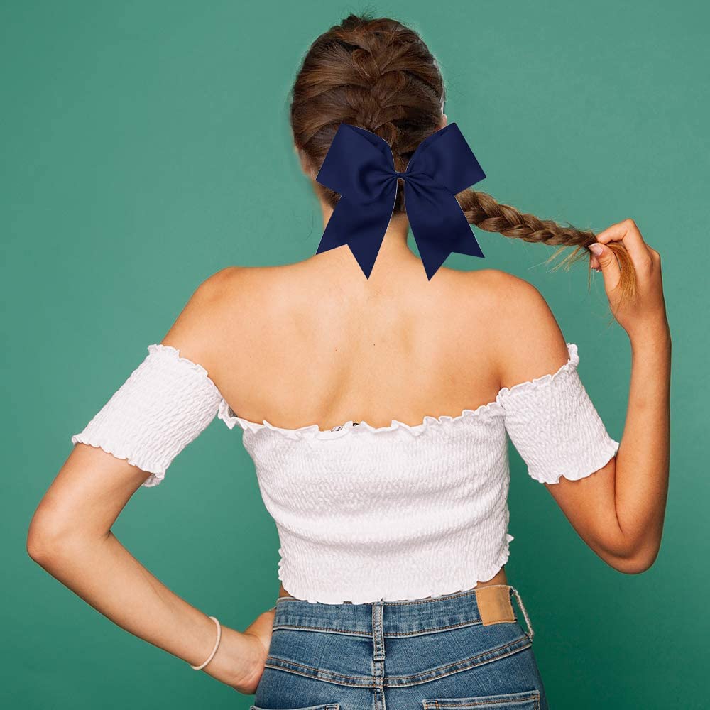 16Pcs 8 '' Large Cheer Hair Bows Ponytail Holder Elastic Band Handmade For Cheerleading Teen Girls College Sports (16 Pcs) (Navy
