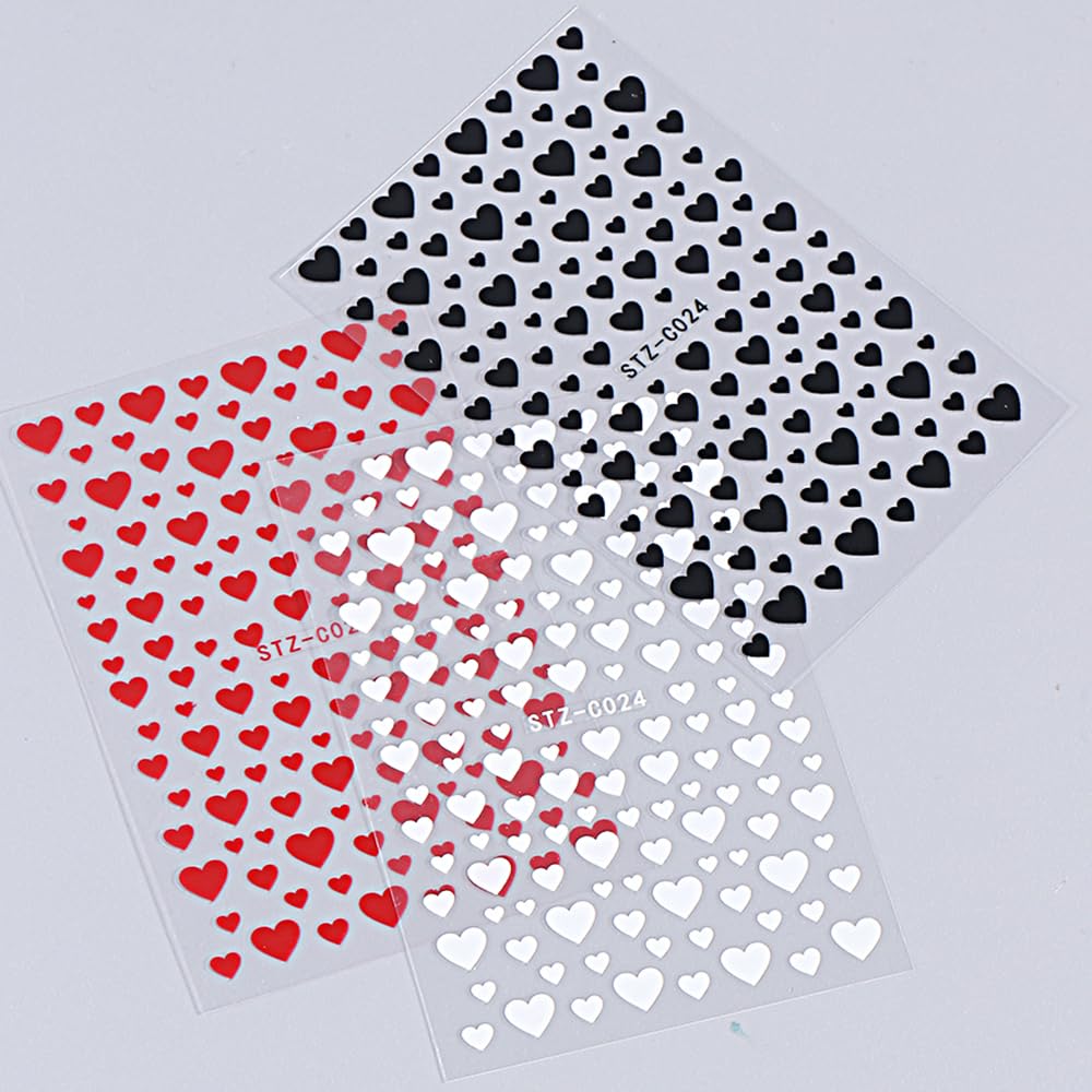 3 Sheets Heart Nail Art Stickers 3D Self-Adhesive Sweet Love Nail Stickers Red White Black Designs Heart Nail Decals Diy Valenti