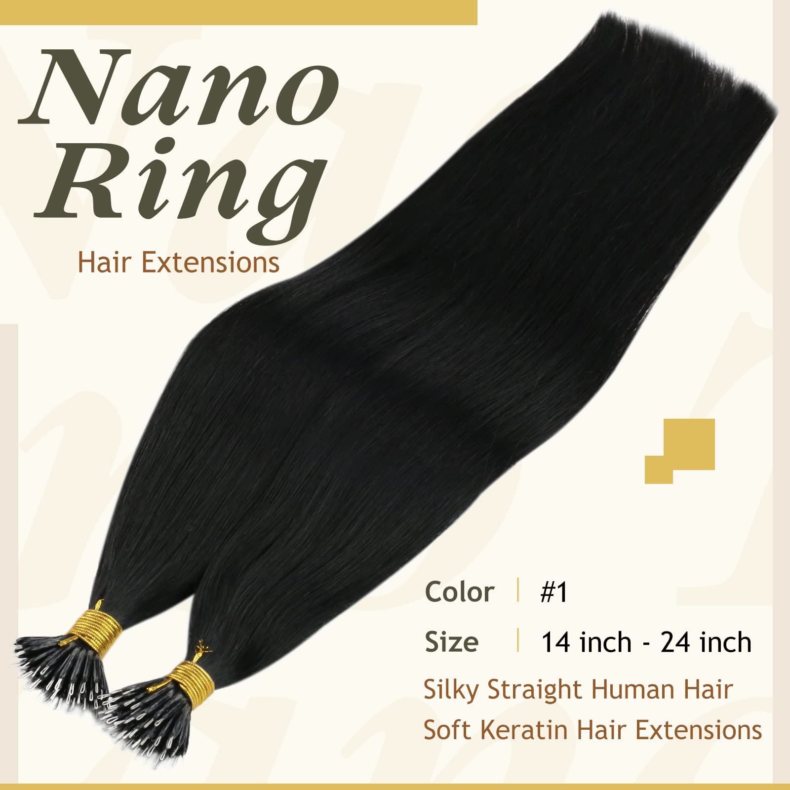 [Keep Texture] Sunny Nano Human Hair Extensions Black Nano Hair Extension Beads Jet Black Hair Extensions Nano Ring Natural-look