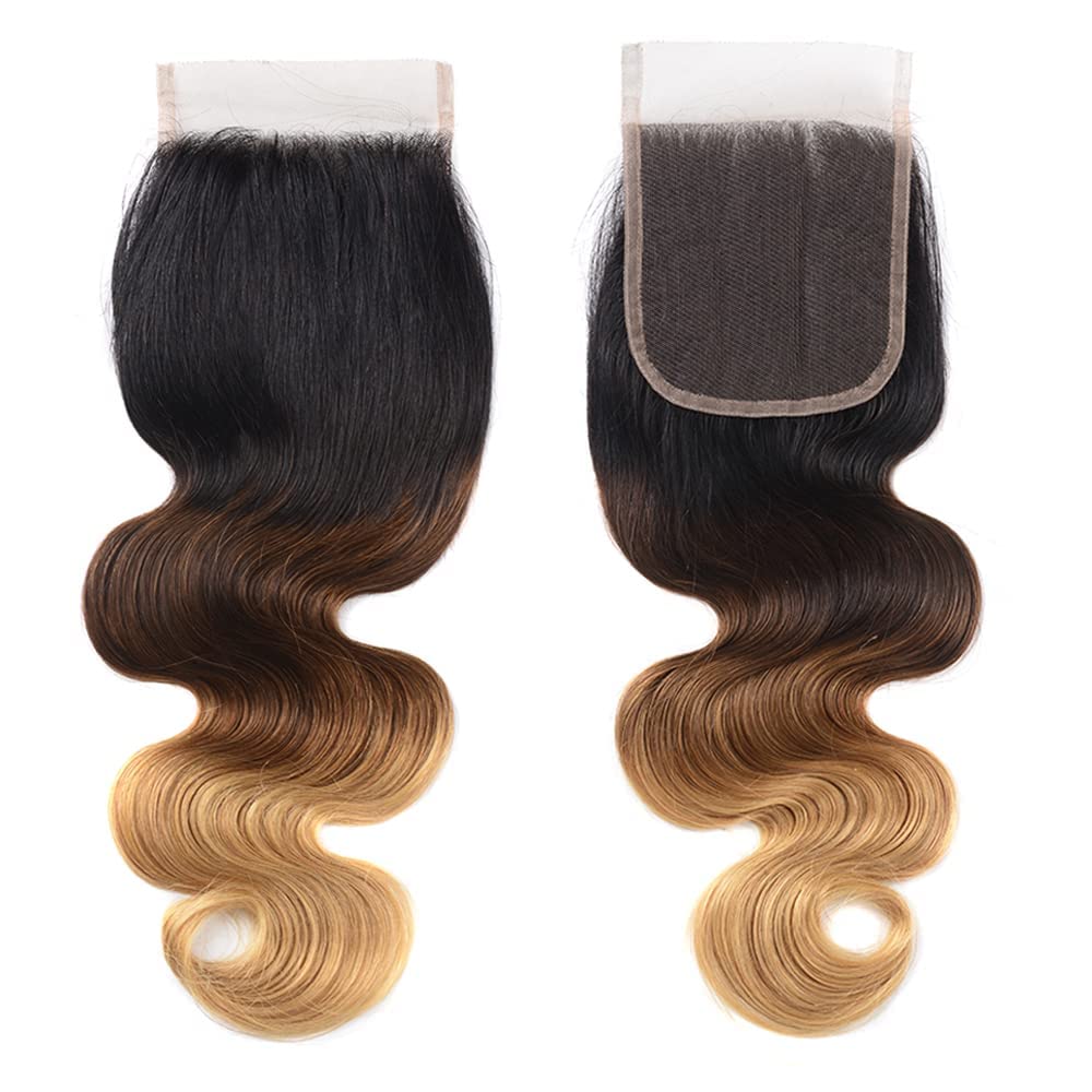 Isufer Ombre Closure Human Hair Pre Plucked With Baby Hair Lace Closure Only 4X4 Transparent Lace Body Wave 3 Tone Closure Ombre