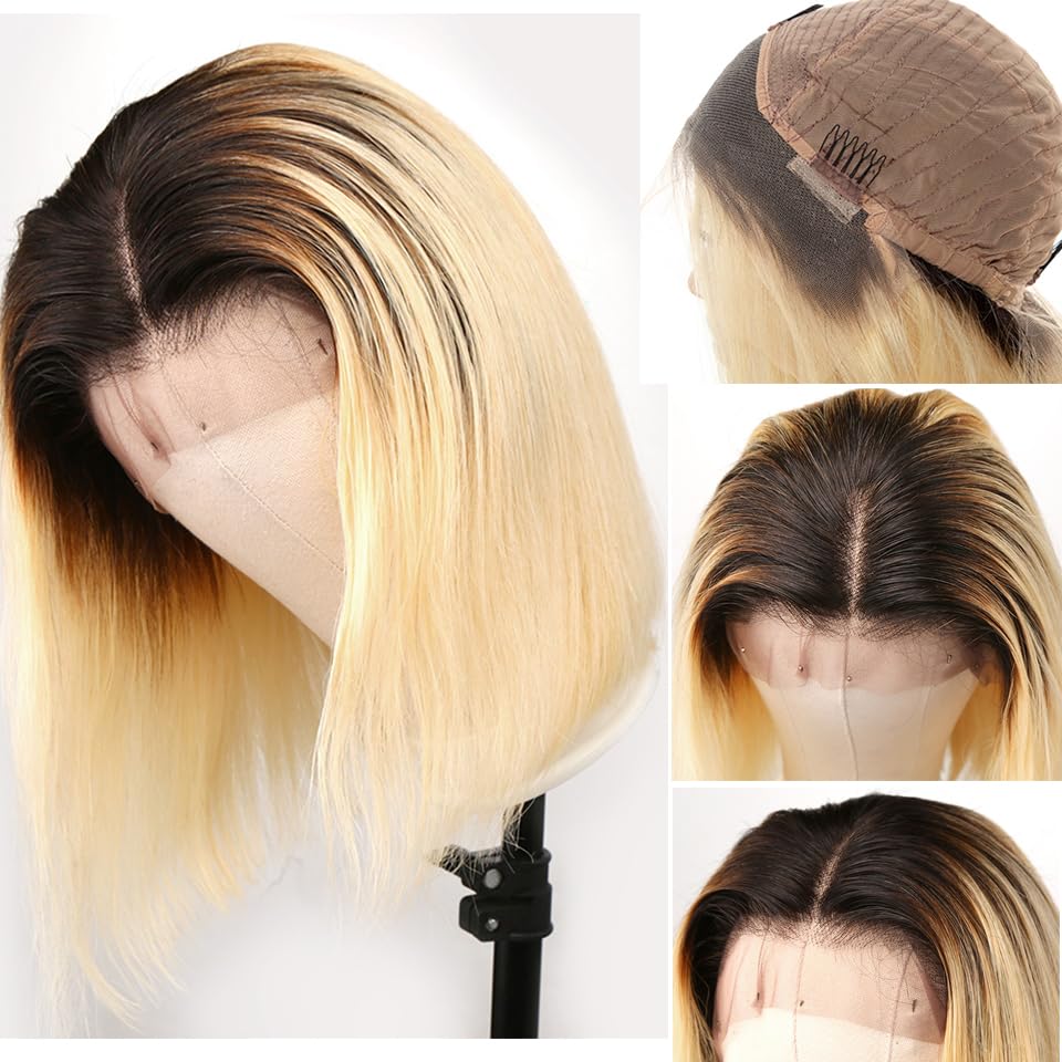 13X4 Hd Blonde Bob Lace Front Wigs Human Hair For Black Women,14'' 150% Density Glueless Pre Plucked Ombre Blonde Straight Remy