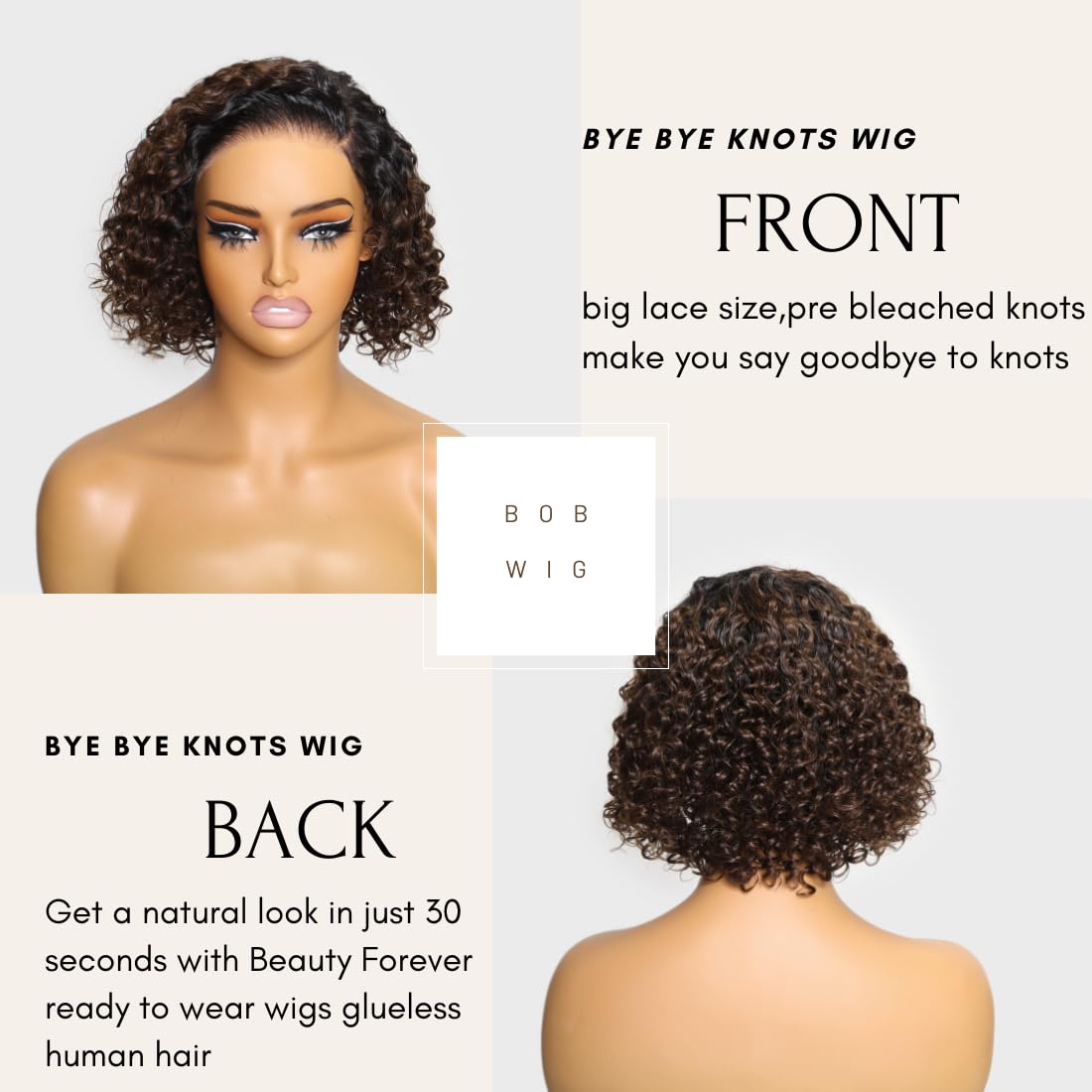 Beauty Forever 8 Inch Short Curly Bob Wig Human Hair Bye Bye Knots Glueless Wigs With Ombre Brown,Pre Plucked Pre Cut Hd Lace Re