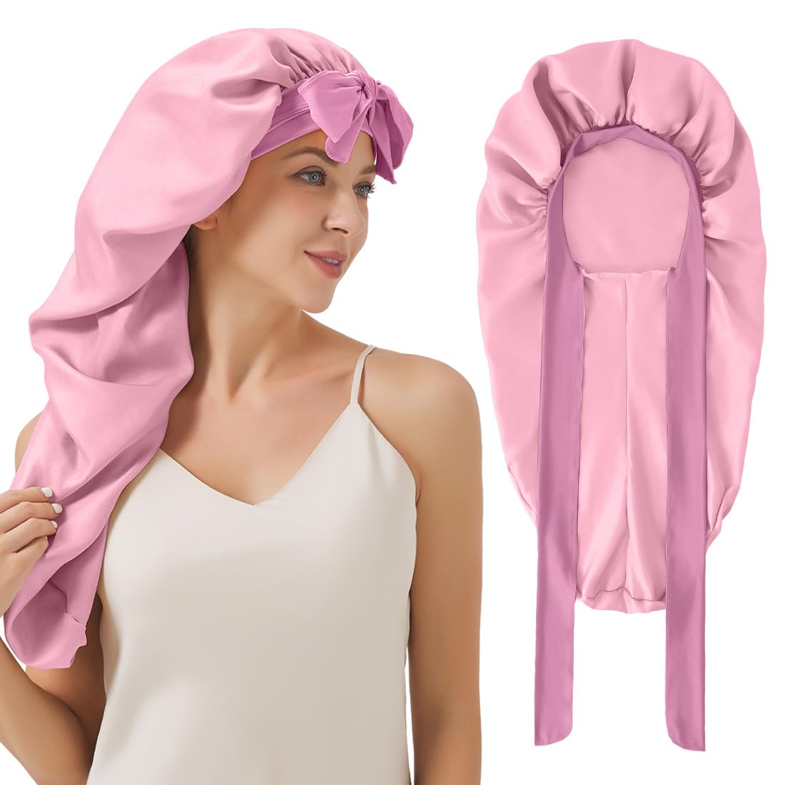 Long Bonnet For Sleeping, Satin Silk Bonnet With Tie Band, Jumbo Hair Bonnets For Women Long Braids Natural Curly Hair Showercap