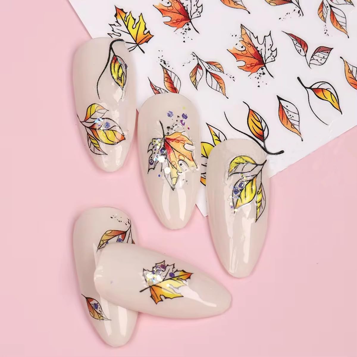 Autumn Maple Leaf Nail Art Stickers Fall Leaf Nail Decals 6Pcs Leaf Plant 3D Self-Adhesive Nail Art Supplies Decals Fall Sticker