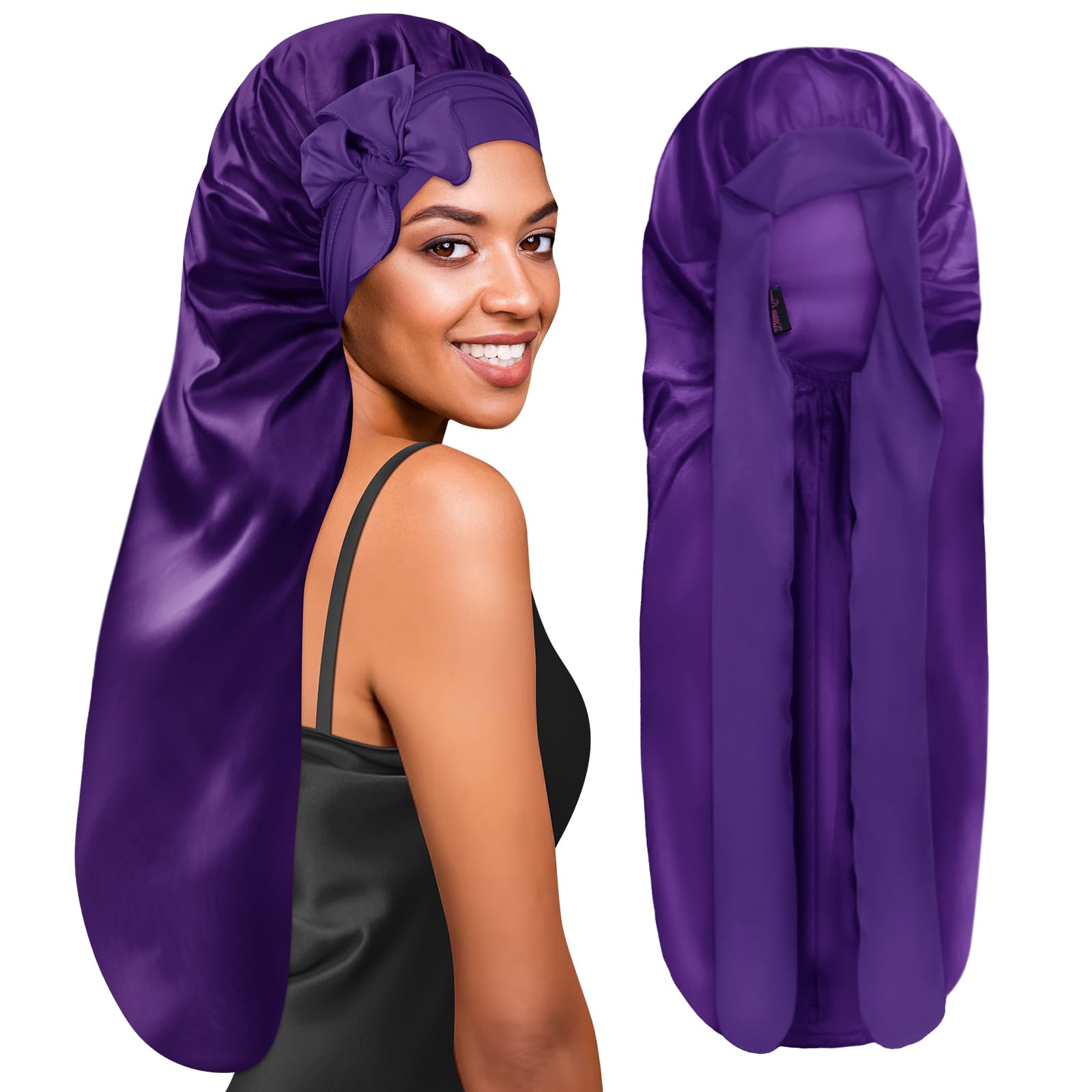 BONNET QUEEN Extra Long Braid Bonnet for Sleeping Silky Satin Foldable Weave Locs Curly Wigs Extensions Hair Tie Band Large 30 '
