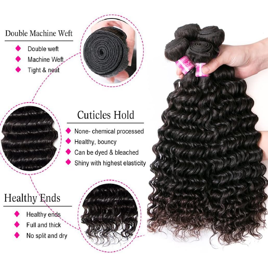 Deep Wave Bundles Human Hair 4 Bundles (18 20 22 24 Inches) 12A Virgin Curly Bundles 100% Human Hair Deep Wave Bundles Deep Curl