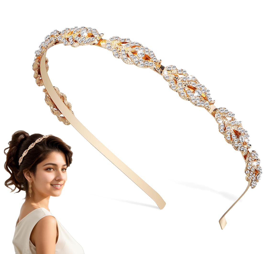 SAFIGLE Bridal Rhinestone Headpiece for Women - Thin Sparkly Jeweled Golden Hair Accessories for Bride, Bridesmaids