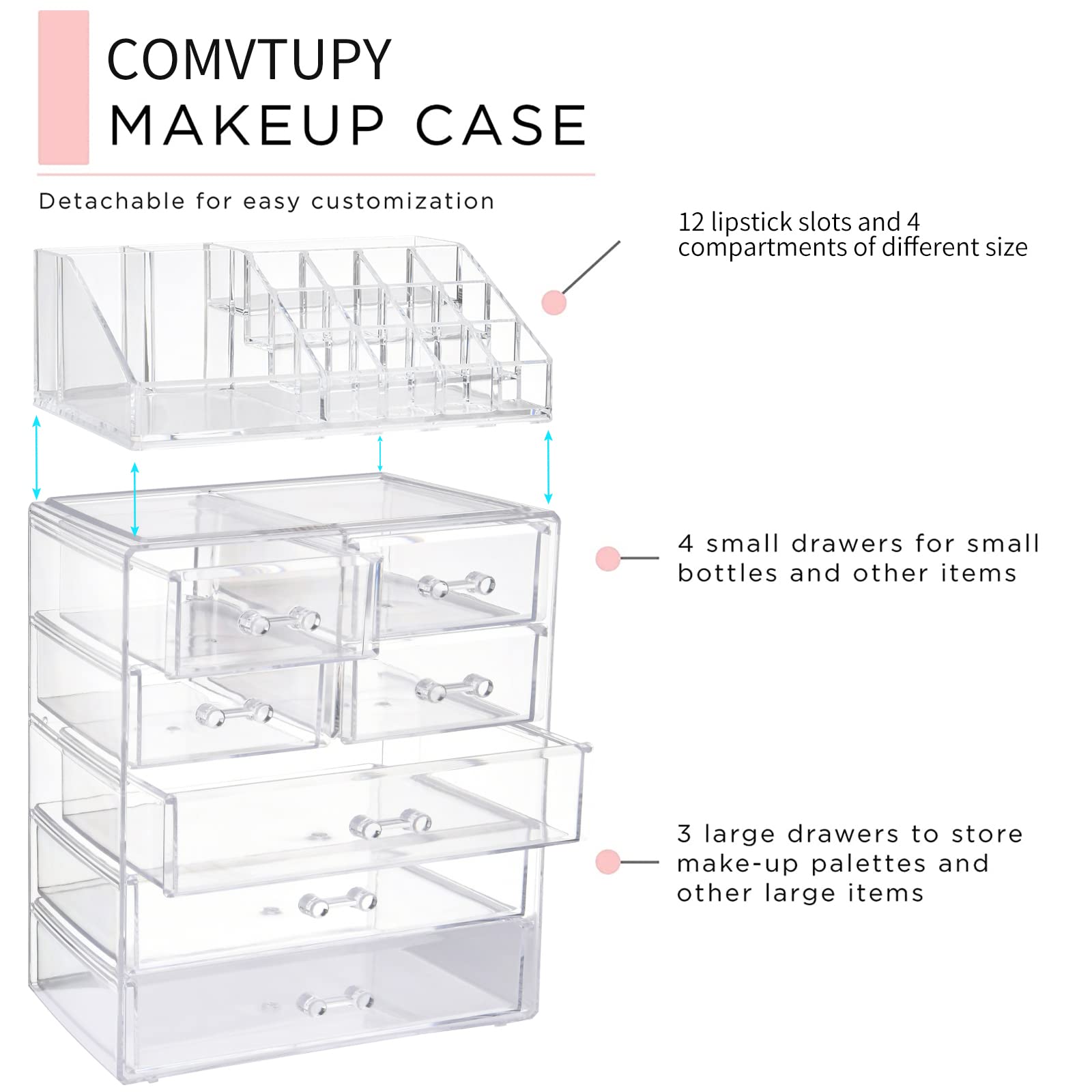COMVTUPY Clear Makeup Organizer with Brush Holder, Large Acrylic Cosmetic Display Jewelry & Make Up Organizers and Storage for V