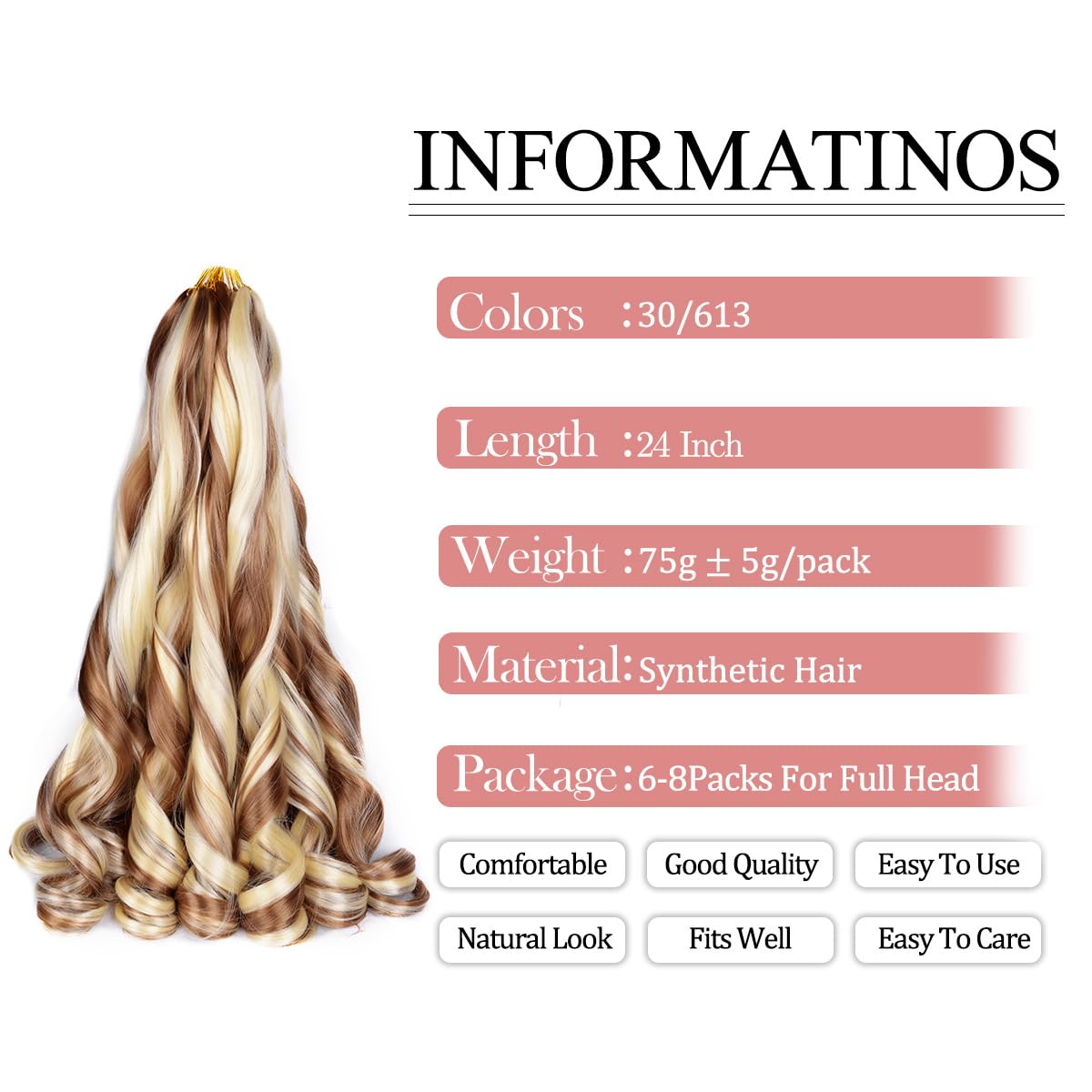 French Curly Braiding Hair For Box Braids,30/613 Loose Wave Braiding Hair 8 Packs 24 Inch 75G/Pack Spanish Curly Synthetic Spira