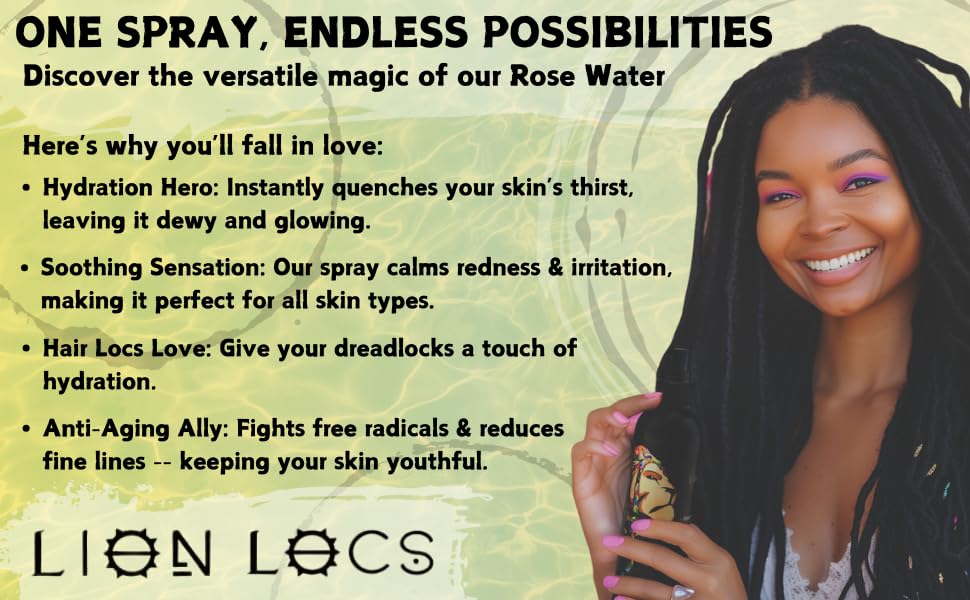 Lion Locs Rosewater Spray For Dreads, Dreadlocks, Braids, Faux Locs, Crochet Locs, Sisterlocks With Aloe, Essential Oils, Vitami
