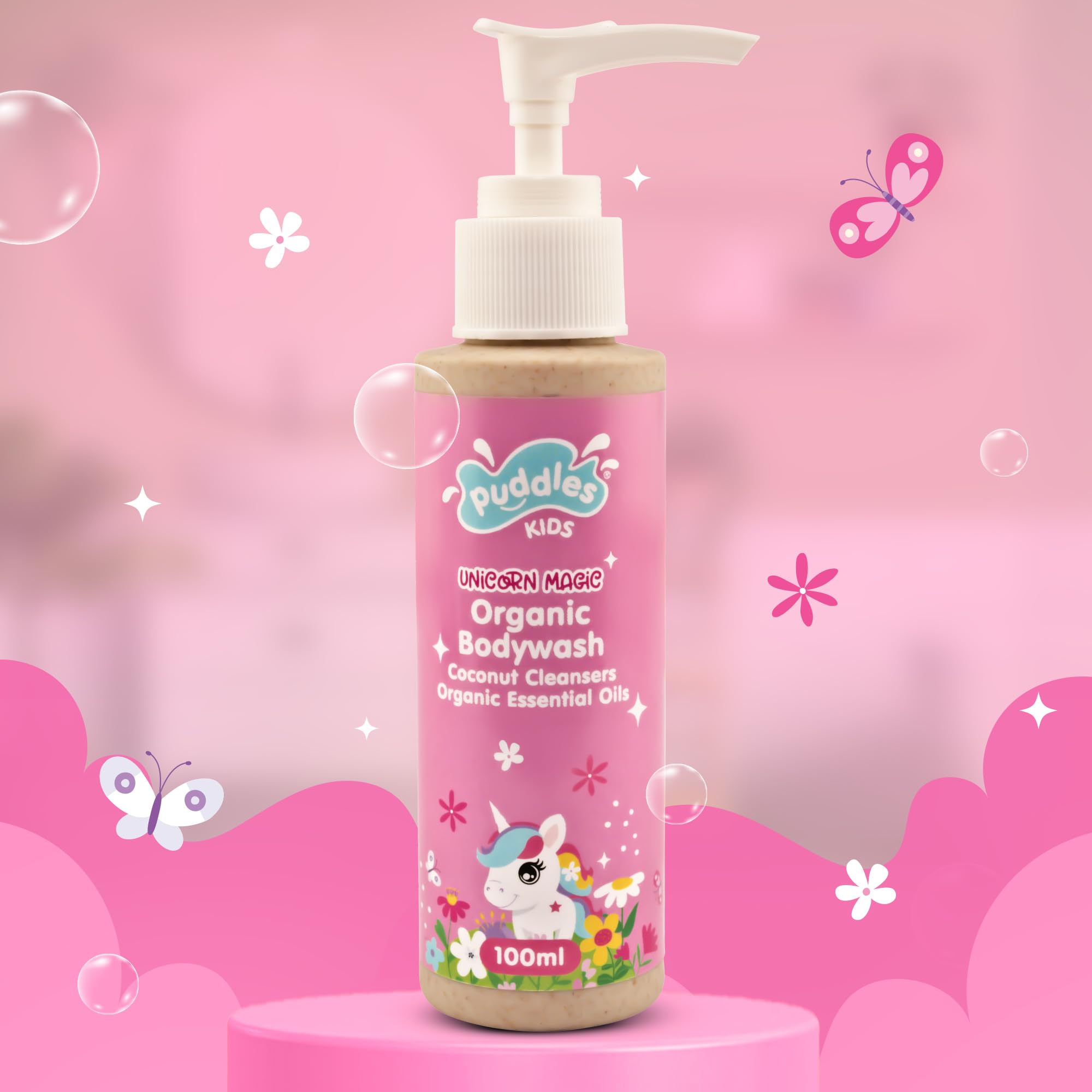 Puddles Organic Nourishing Floral Gel Bodywash Kids(100 Ml) | Unicorn Magic Age 212 Years | Coconut Cleansers Essential Oil | N