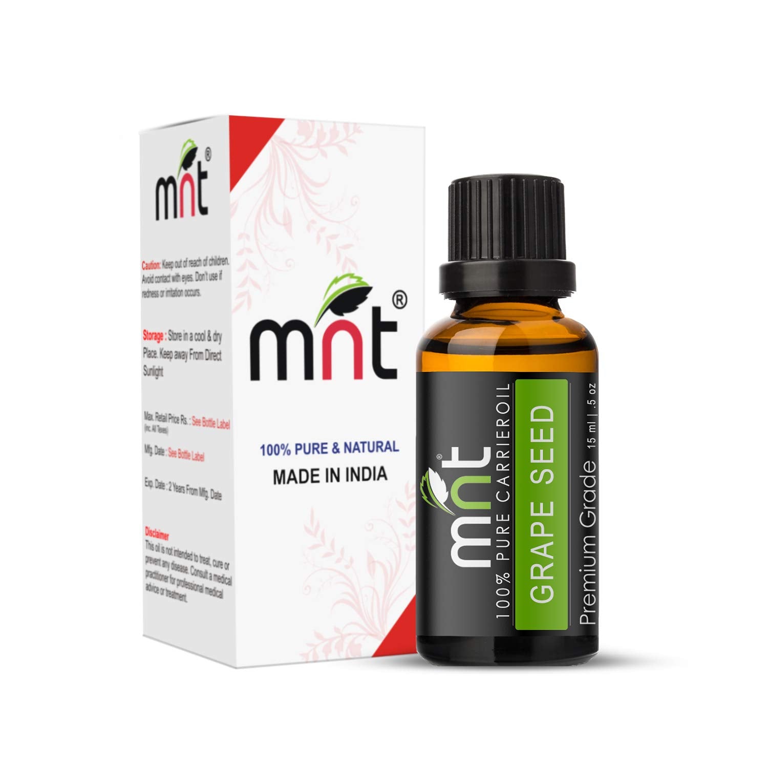 Mnt Grape Seed ColdPressed Carrier Oil  100% Pure & Natural Oil For Acne, Face, Body, Healthy Skin And Hair Growth (15Ml)