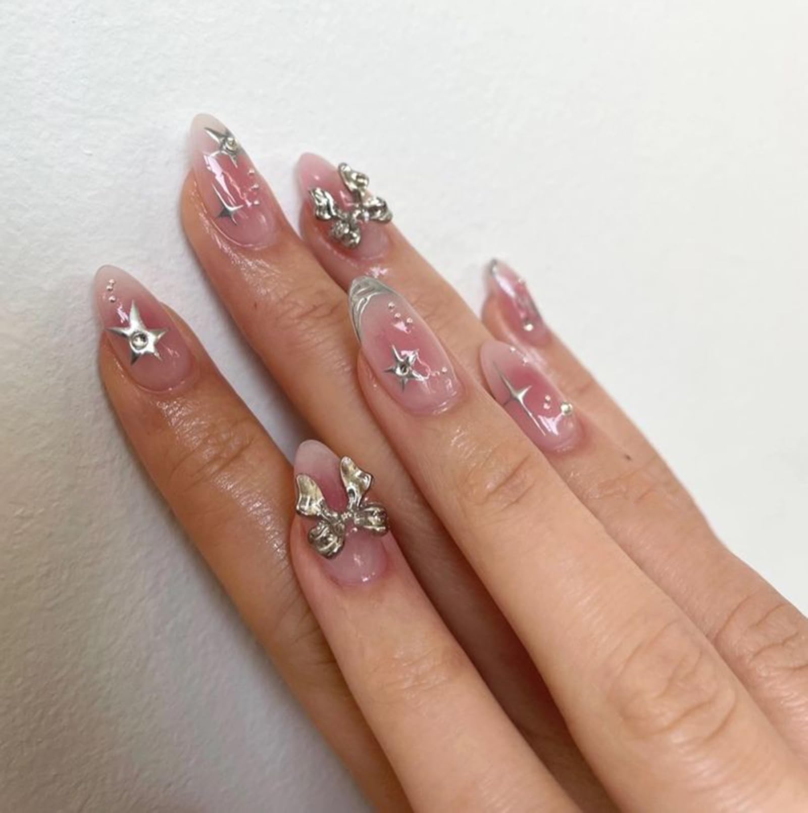 30Pcs Silver Bow Nail Charms Cute 3D Bow Alloy Nail Art Charms Kawaii Long Ribbon Bowknot Nail Designs Accessories Y2K Silver Bi