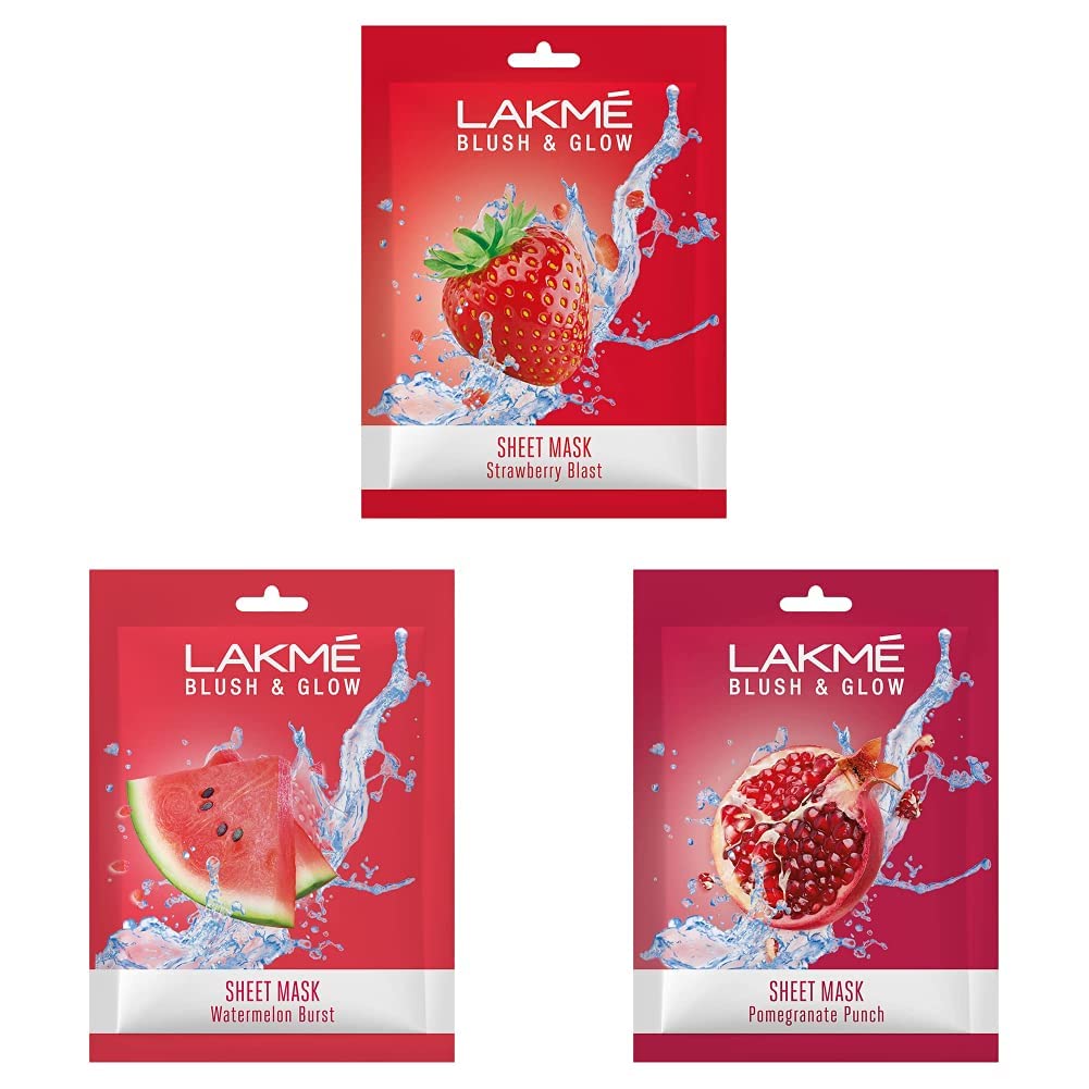 Lakm Blush & Glow Strawberry Sheet Mask, 20 Ml & Lakm Blush & Glow Pomegranate Sheet Mask, 20 Ml & Lakm Blush & Glow Watermelon 