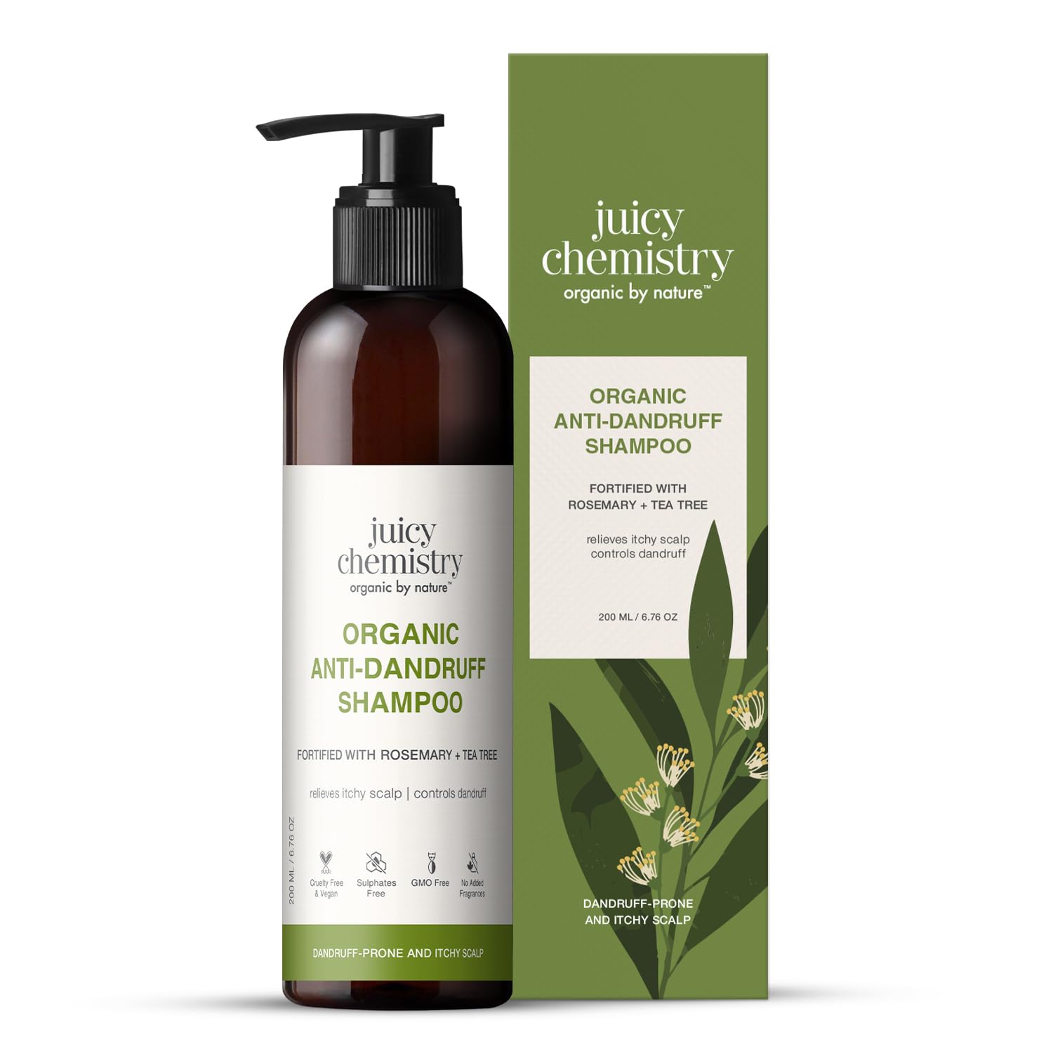 Juicy Chemistry Organic AntiDandruff Shampoo With Rosemary & Tea Tree, 200Ml | Reduces Itchy Scalp & Flakiness | Controls Dandr